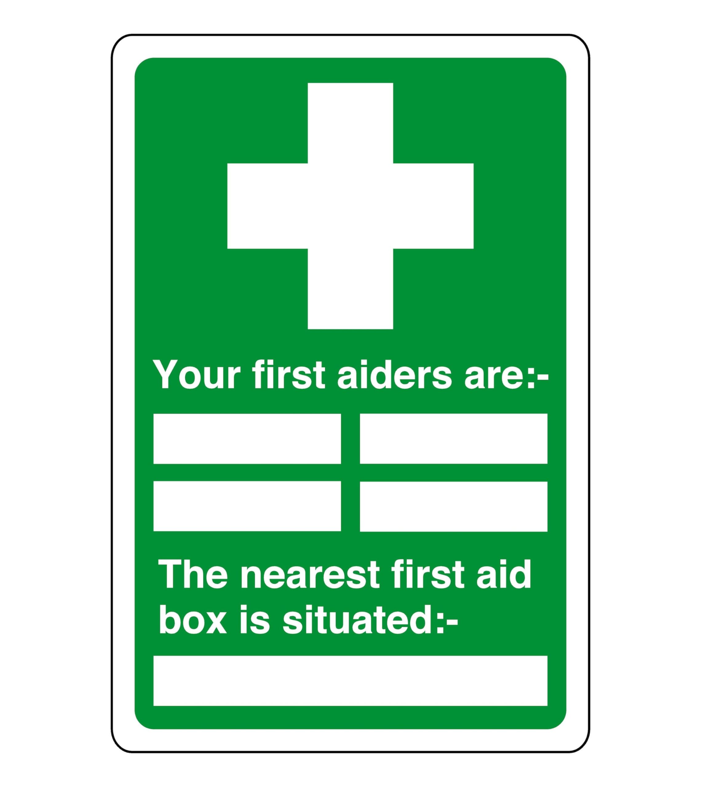 Your first aiders are "white box" - safety sign - High tack self-adhesive sticker (200mm x 150mm) Viewing Distance within 5m.