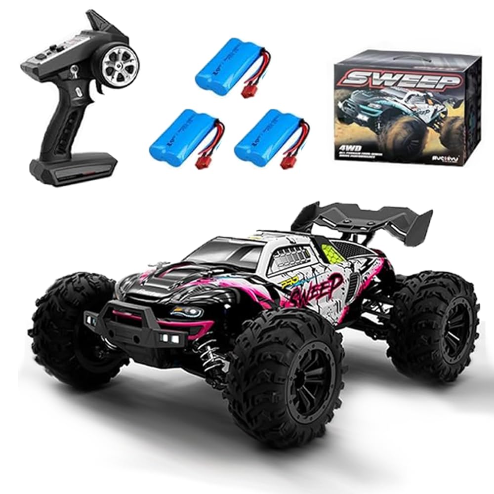Auto telecomandata brushless 1/16 per adulti, 70 km/h RC Truck con luce, 2,4 GHz ad alta velocità, 4WD fuoristrada impermeabile, 3 batterie (rosso)