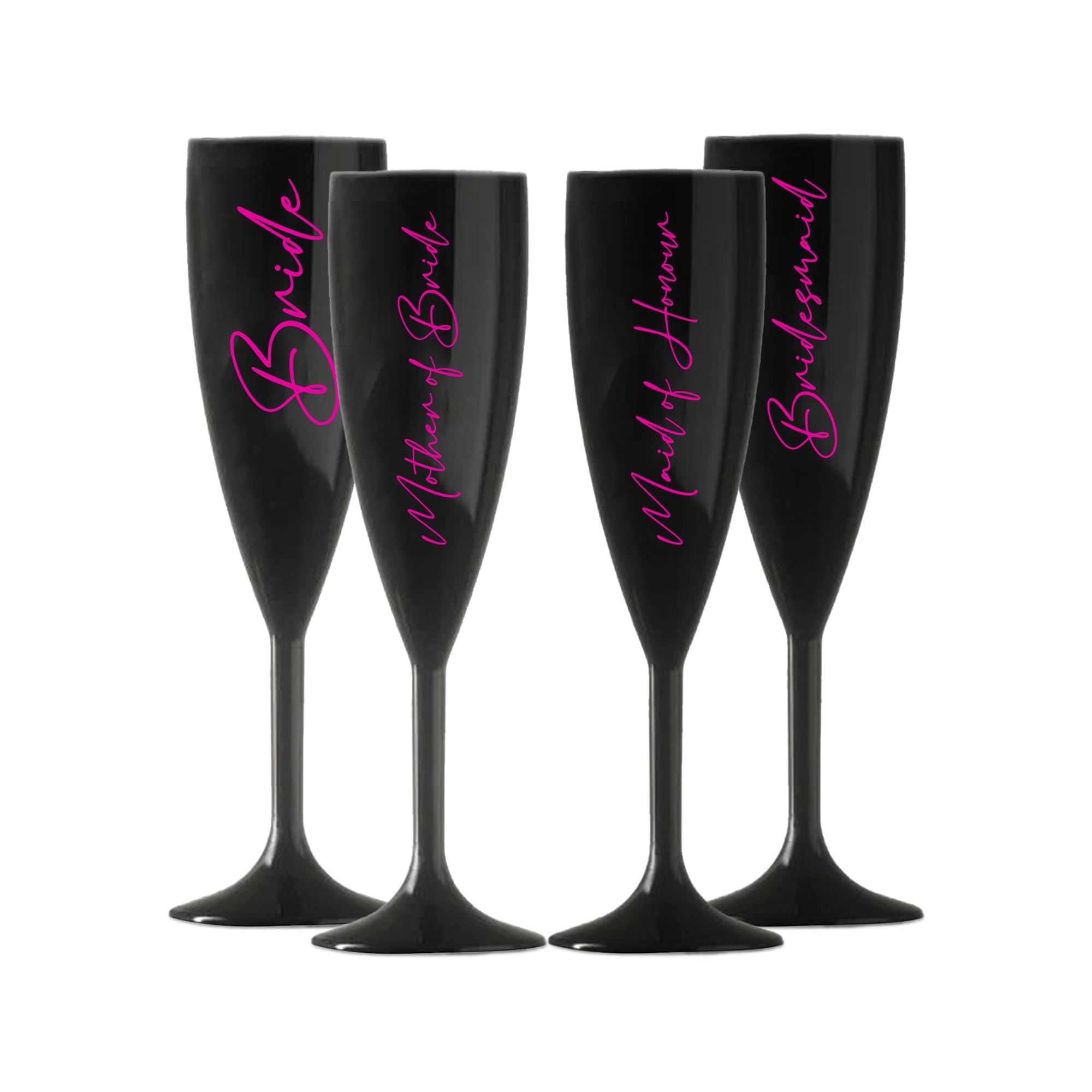 Print Maniacs Champagne Premium Black Flute Glass Bride Groom Mr Mrs Wedding Maid Honour Wine Cocktail Prosecco Celebrations Gift (Pink, Set of 4 Brides Set)