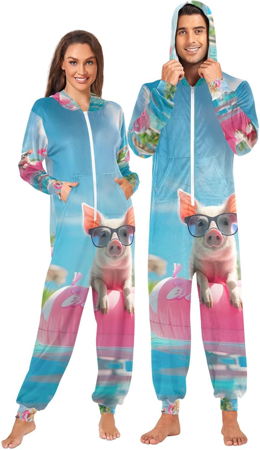 Funny Pig Flamingo Unisex Adult Onesie Pajamas Comfy One Piece Costume Jumpsuits Novelty Sleepwear Homewear for Men Women