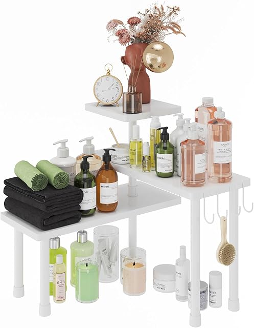 IBUYKE Countertop Organizer, Corner Shelf, 3-Tier Spice Rack, Adjustable Orientation, 4 Side Hooks, Freestanding, Space Saving for Kitchen, Bathroom, Counter, Cabinet, Plant, White, TLJ003W
