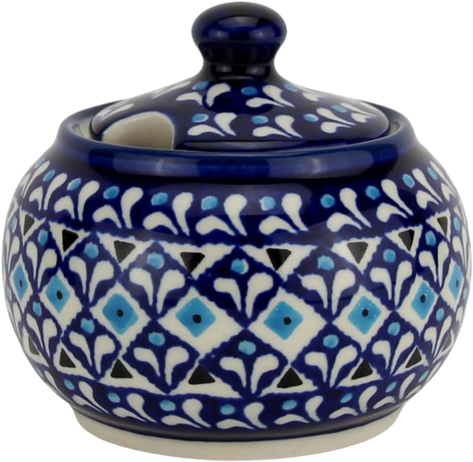 Polish Pottery Market Sugar Bowl with Lid 10 Oz. Hand-painted Polish Stoneware by Zaklady Boleslawiec Poland