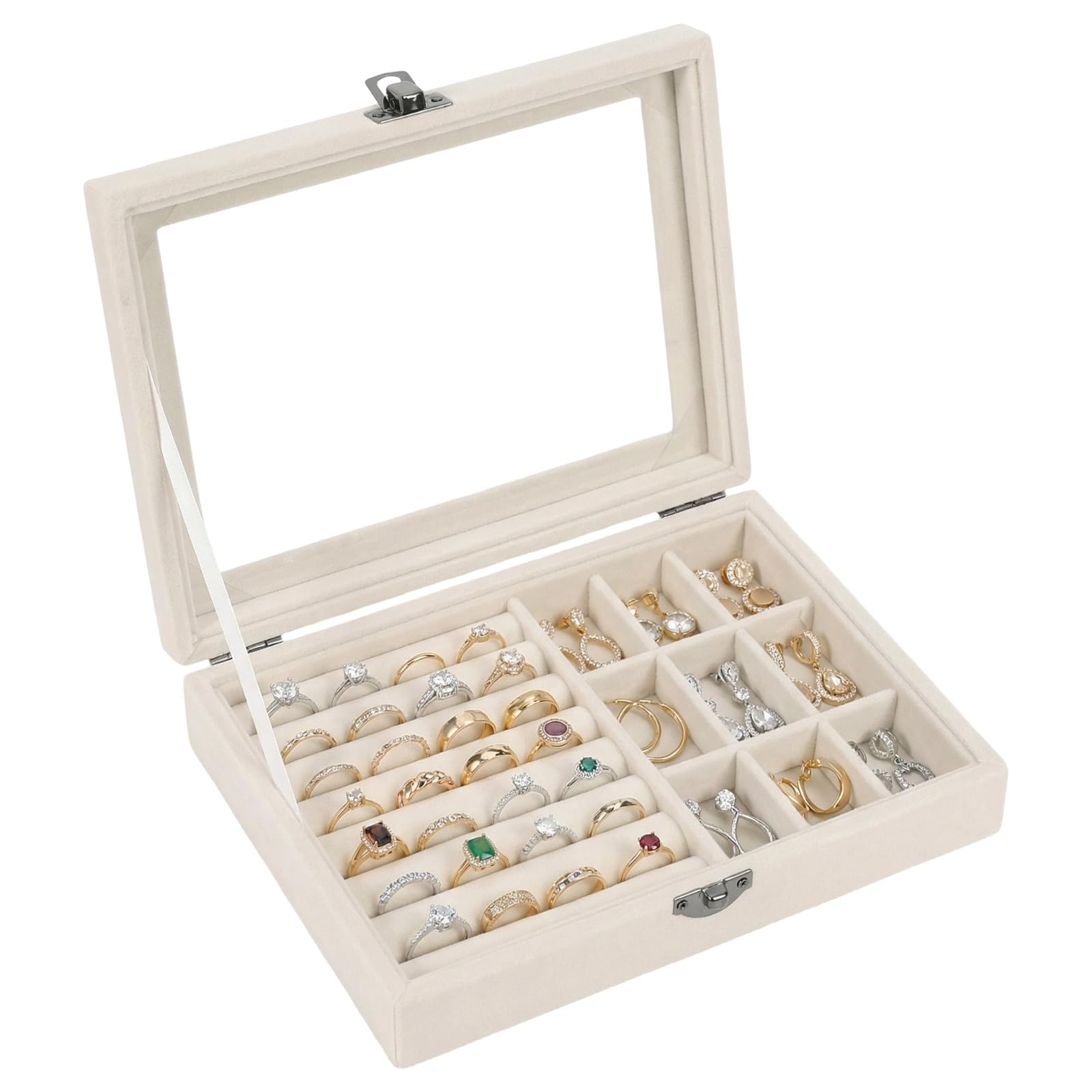 Rthynti Women's Beige 9 Grid Jewelry Storage Case, Velvet Jewellery Box For Ring Earring Necklace, Earrings Organizer With Clear Lid Lockable Jewellery Showcase For Rings