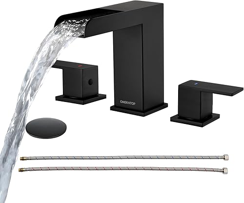 Miniatura 1 de OMEKNTOP Grifo para lavabo de baño, 2 manijas, 3 agujeros, 8 pulgadas, cascada generalizada, grifo de lavabo con drenaje emergente, negro mate