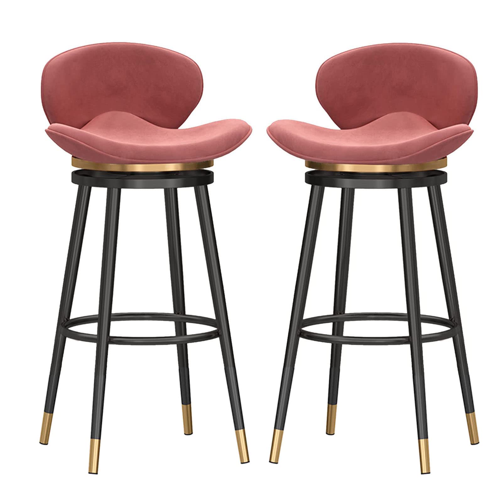 IUokLU Luxury Velvet Swivel Bar Stools with Curved Backrest and Footrest White Upholstered Counter Chairs for Kitchen Breakfast 65cm Seat Height Black Legs(Pink-Black Leg Seat H65cm)