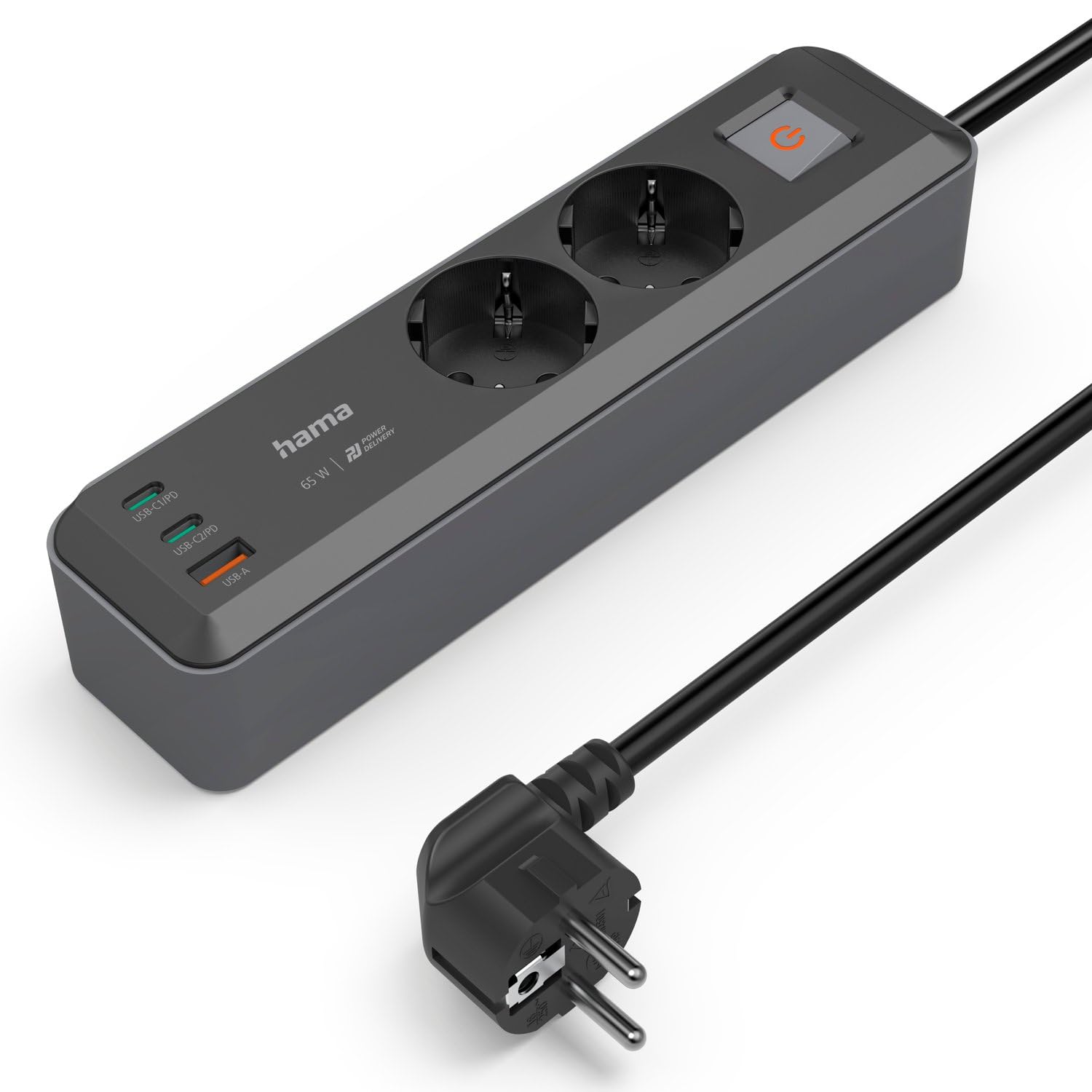Hama 5in1 Steckdosenleiste mit USB 65W Ladegerät (2 Steckdosen, 1 USB-A, 2 USB-C, Laptop USB C Ladegerät 65W per USB ohne Netzteil Schnellladefunktion PD, Mehrfach-Steckleiste mit Schalter, 1,4m) grau