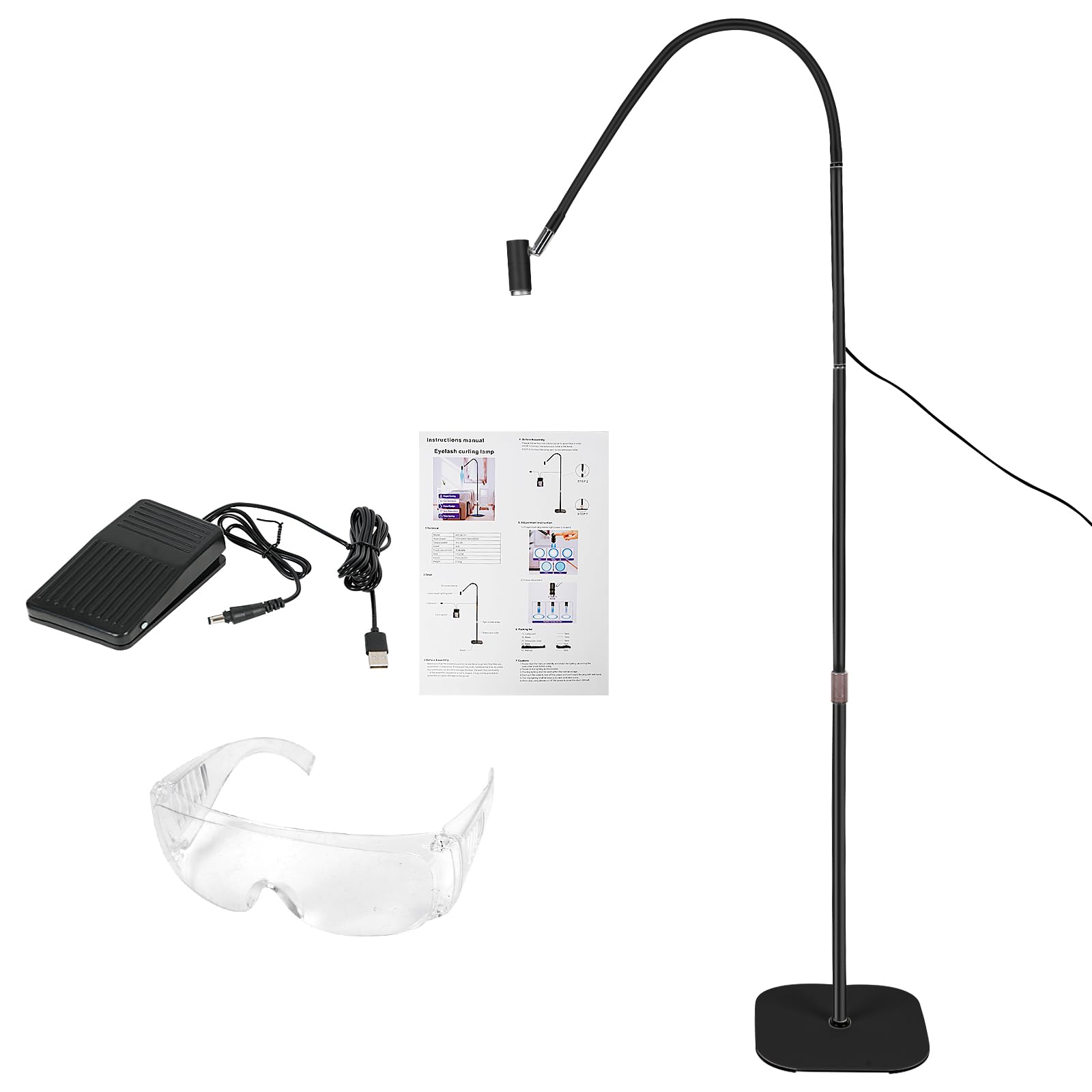 Lampa UV do rzęs, 6 W, lampa UV do rzęs z włącznikiem nożnym, okulary ochronne, lampa UV Lash z regulacją rozmiaru punktowego, elastyczna szyja 360°, światło UV do utwardzania paznokci żelowych i