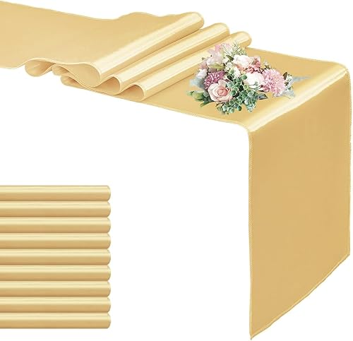 Paquete de 10 caminos de mesa de satén color dorado claro de 12 x 108 pulgadas de largo, camino de mesa de tela suave de seda satinada para bodas,