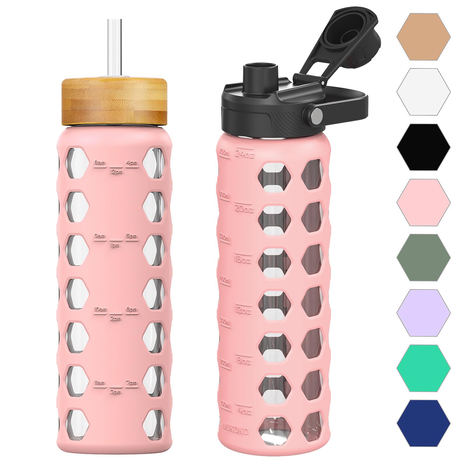 HYDRAGLAZIC 700ML Glaswasserflasche mit 2 Deckel Flip und Bambusstroh Deckel Sport Wasserbecher mit Zeiterinnerung und Silikonhülle Auslaufsicher BPA-frei, Rosa