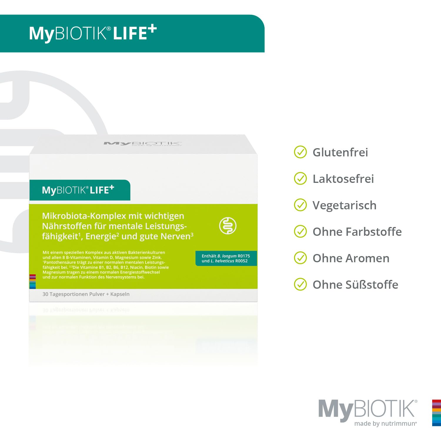 MyBIOTIK®LIFE+ I nutrimmun I 30 Tage I Bakterienkulturen B. longum R0175+L. helveticus R0052 I B-Vit. I Vit. D I Magnesium I Zink I Pulver+Kaps. I Vegetarisch I Glutenfrei I Laktosefrei I Laborgeprüft
