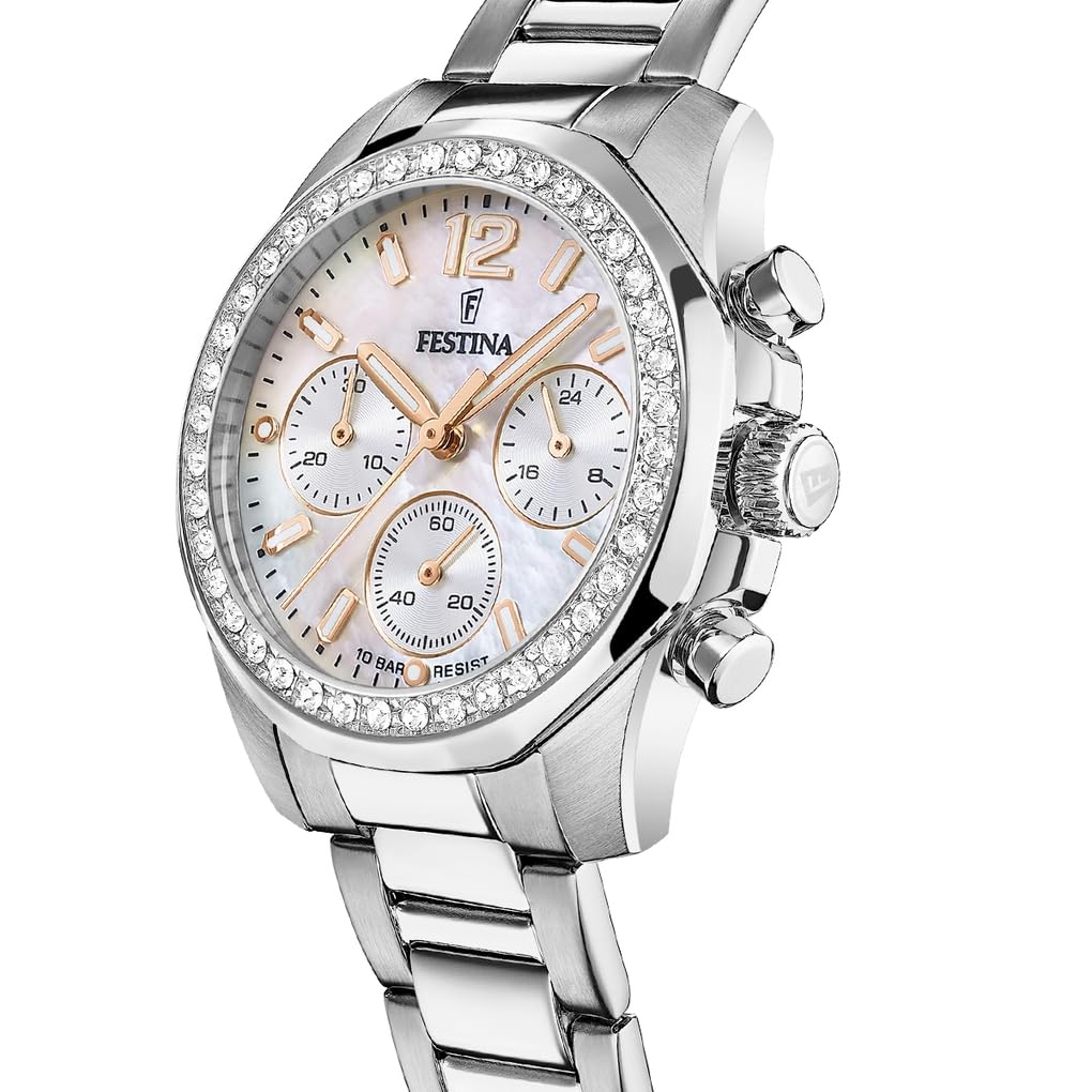 Festina Damen Uhr Analog Edelstahl 316L Silber - Quarz Chronograph - Mineralglas hochresistent - 10 ATM wasserdicht F20606/1 - Boyfriend Collection