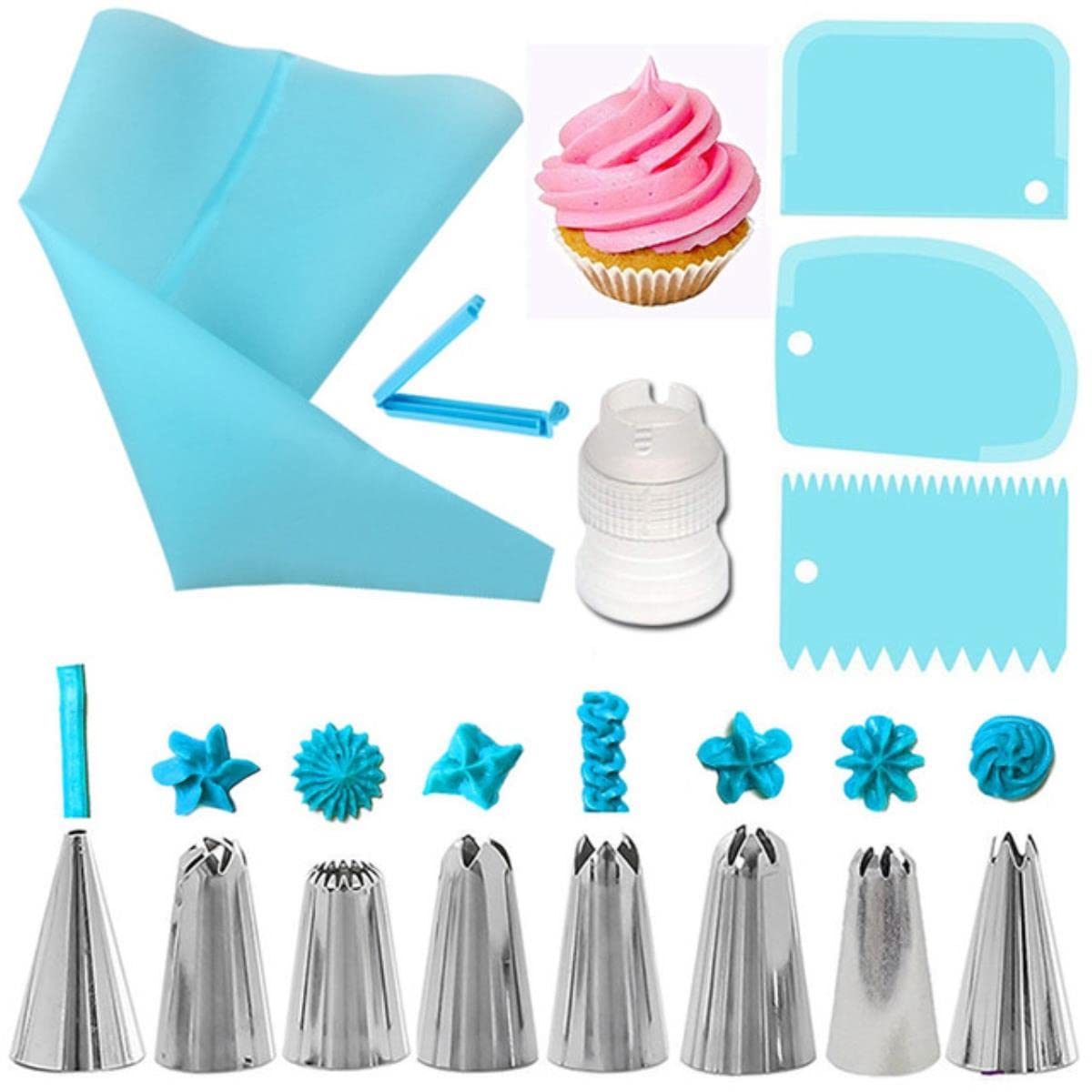 14-teiliges Kuchendekorationsset, Spritztüllen aus Silikon, Spritzbeutel, Düsen, Cremeschaber, Verbindungsset, DIY-Kuchendekorationswerkzeuge, Himmelblau