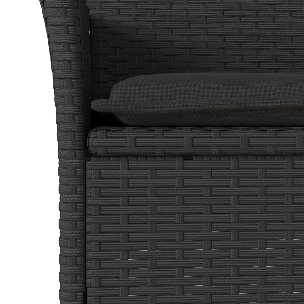 Set da 3 pezzi con cuscini neri in polyrattan e vetro per balcone, giardino o terrazza con cuscini imbottiti spessi e rivestimenti sfoderabili.