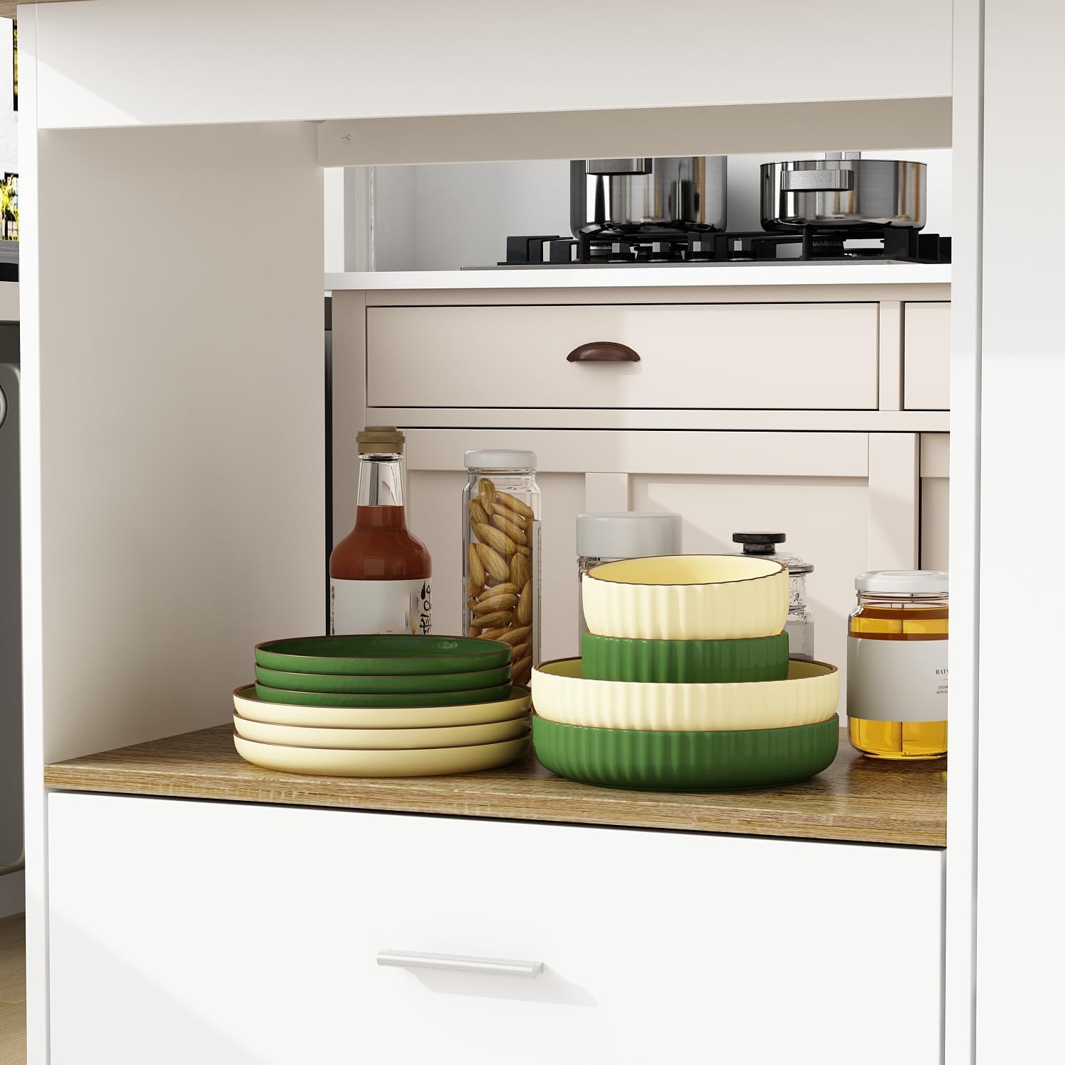 59" Extendable Kitchen Island with Drawer & Open Shelf, 15"-31" Kitchen Prep Table Stationery Storage Cabinet with Adjustable Shelves & Wood Grain Tabletop for Dining Room, White & Oak