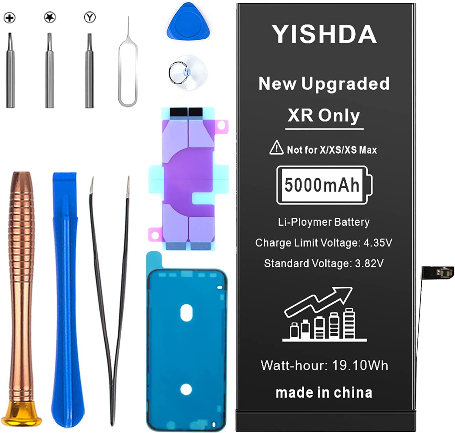 【5000MAH】 Battery for iPhone XR Upgraded YISHDA High Capacity Li-Polymer Battery Replacement Compatible with iPhone XR (A1984, A2105, A2106, A2108) with Repair Tools Kit and Installation Manual…