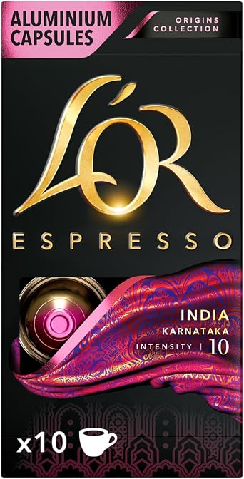 L'OR - Espresso Coffee - India - Origins Collection - Density 10 - Sweet and Light Spice Notes - 1 Pack x 10 Aluminum Capsules