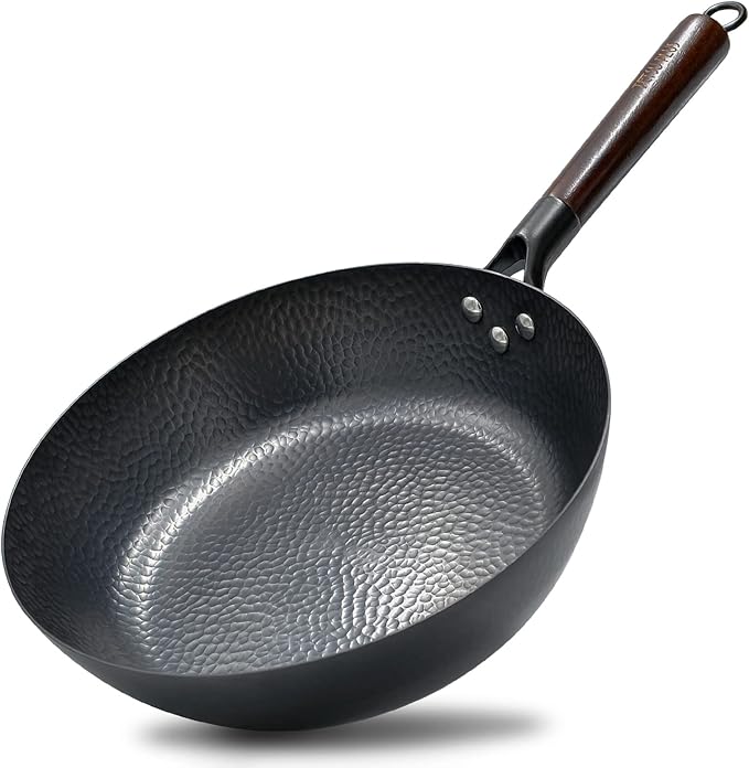 FJNATINH Carbon Steel Flat Bottom Wok Pan, Deep Frying Pan