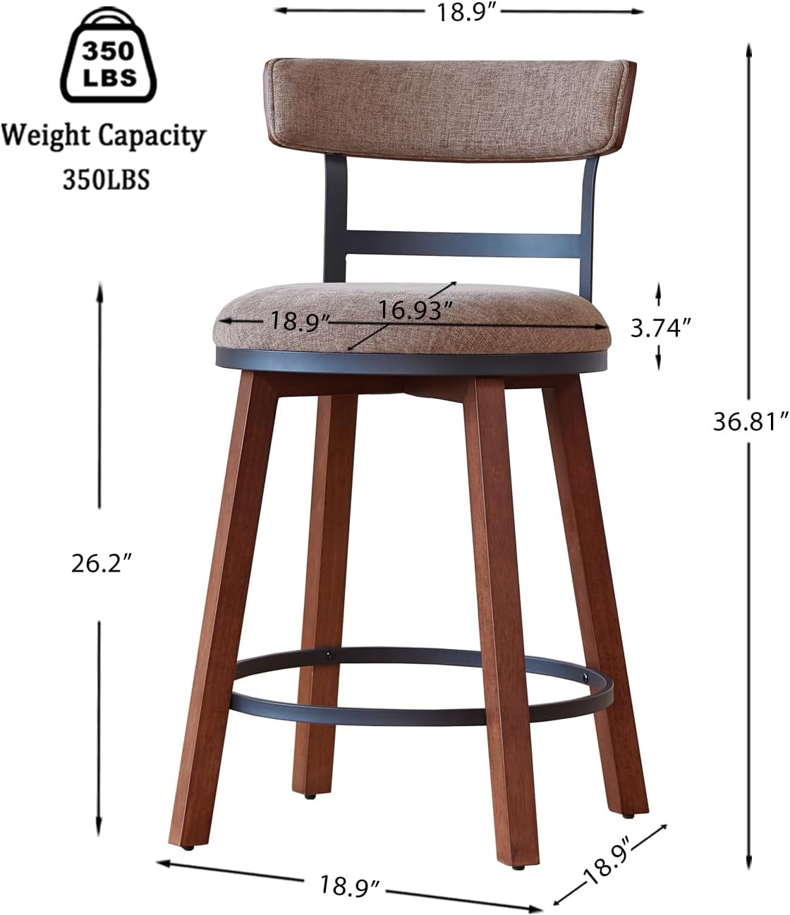 Modern Bar Stools Set of 3, 26" Thick Upholstered Barstools with Curved Frabic Backrest&Solid Wood Legs&Matte Metal Frame, Counter Height Bar Stools for Kicthen Island, Coffee