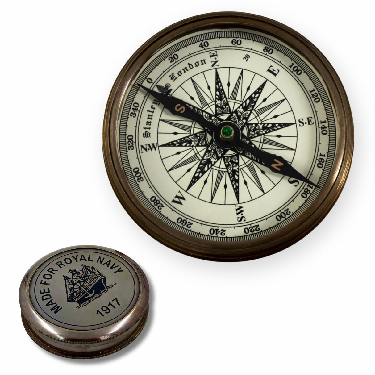 Vintage Royal Navy Pocket Compass, Antique Brass Maritime Navigation Instrument, Replica 1917, Round Face with Detailed Design, Steampunk Gift for Collectors, Son, Men