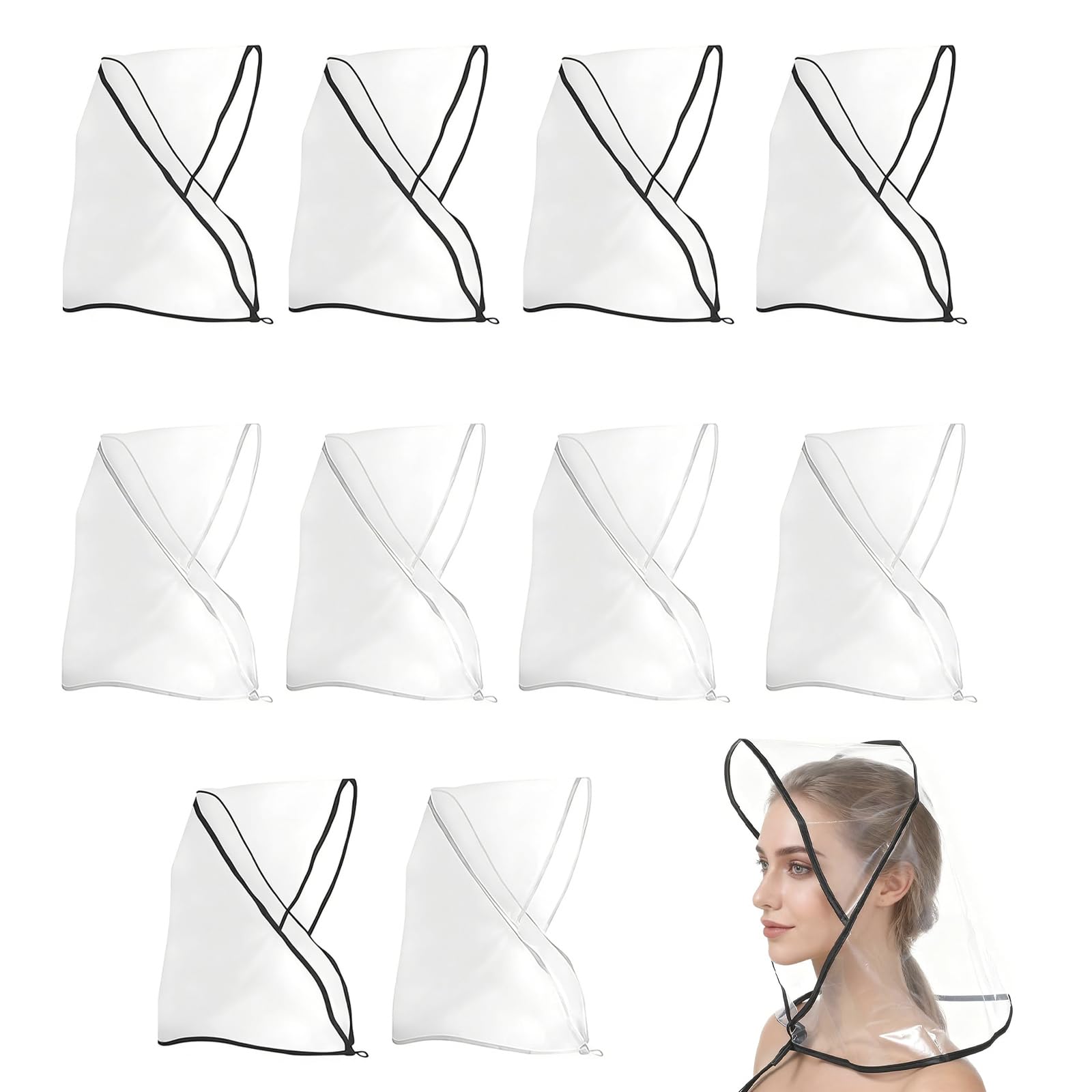 Linisiting Unisex Transparent 10 Pcs Women's Rain Bonnet, Waterproof Reusable Plastic Rain Hats With Protective Design, Clear Visor Free Caps For Hairstyle And Makeup Protection For Womens Men