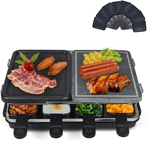 Parrillas de raclette dobles 2 en 1 para 8 personas, eléctrica para interiores, con placa antiadherente y piedra de cocinar, 1300 W, para barbacoa