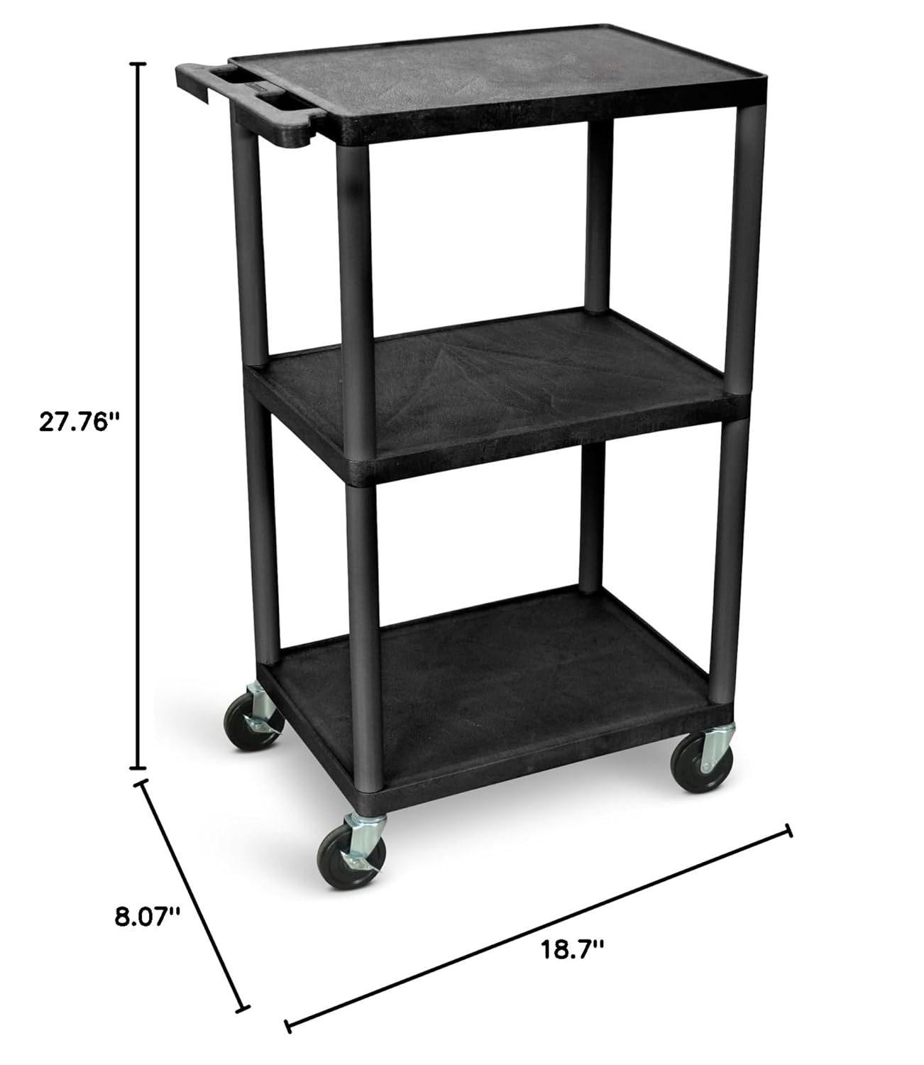 LUXOR UCPL2-B 42"H Utility Cart - Three Shelves, Black
