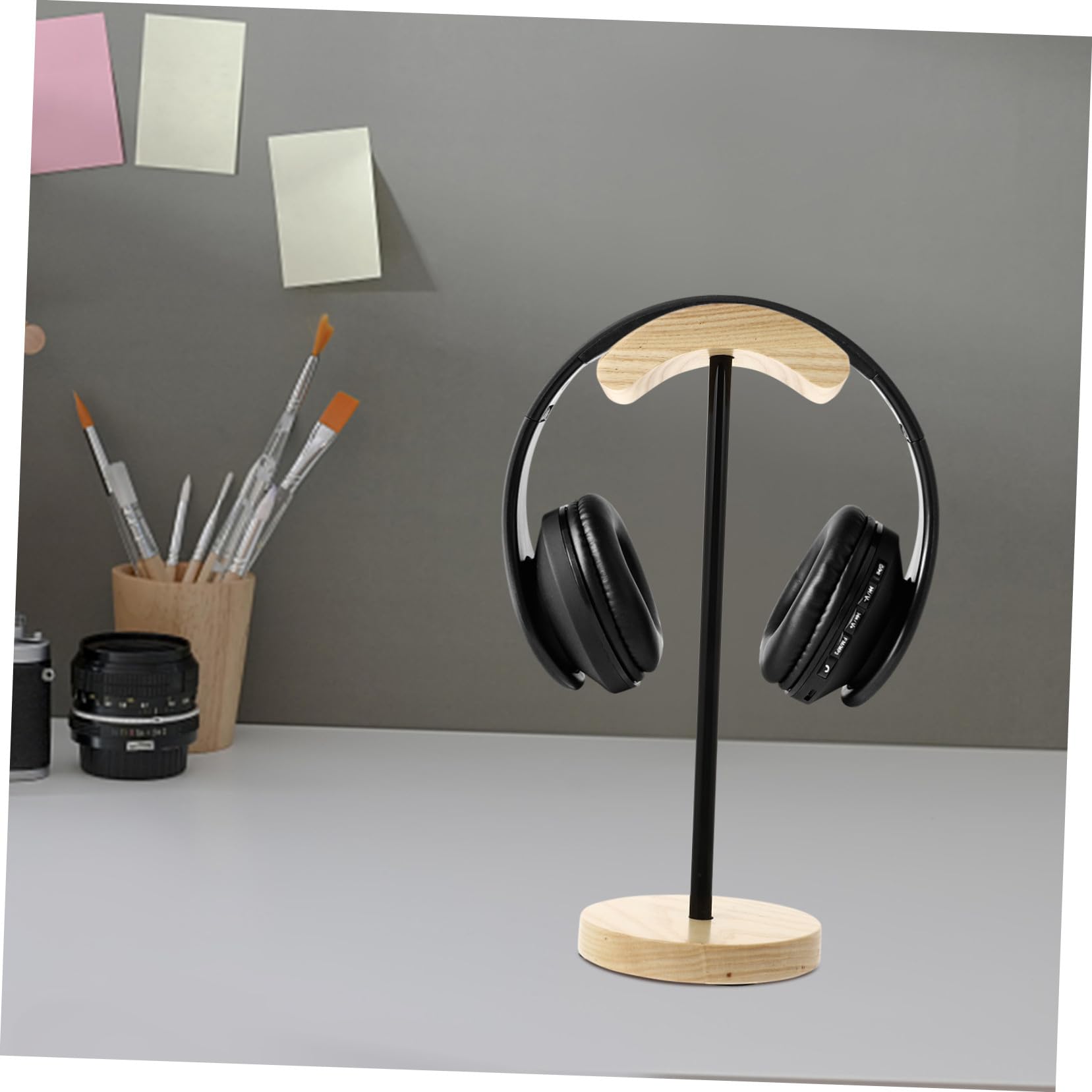 Supporto per Cuffie Base Stabile Antiscivolo da Scrivania in Metallo e Legno Display e Riordino per Casa e Negozio