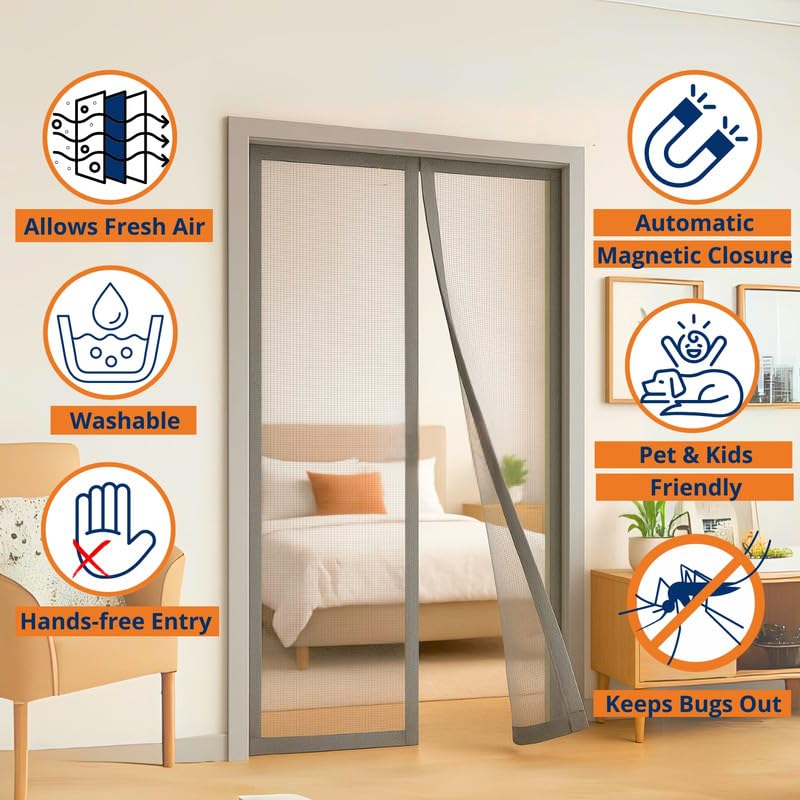 Image of Royalkart 105x210cm Grey | Magnetic Mosquito Net for Door | Fiberglass Screen Curtain with 34 Magnets | Auto-Closing Mesh to Keep Mosquitoes Out
