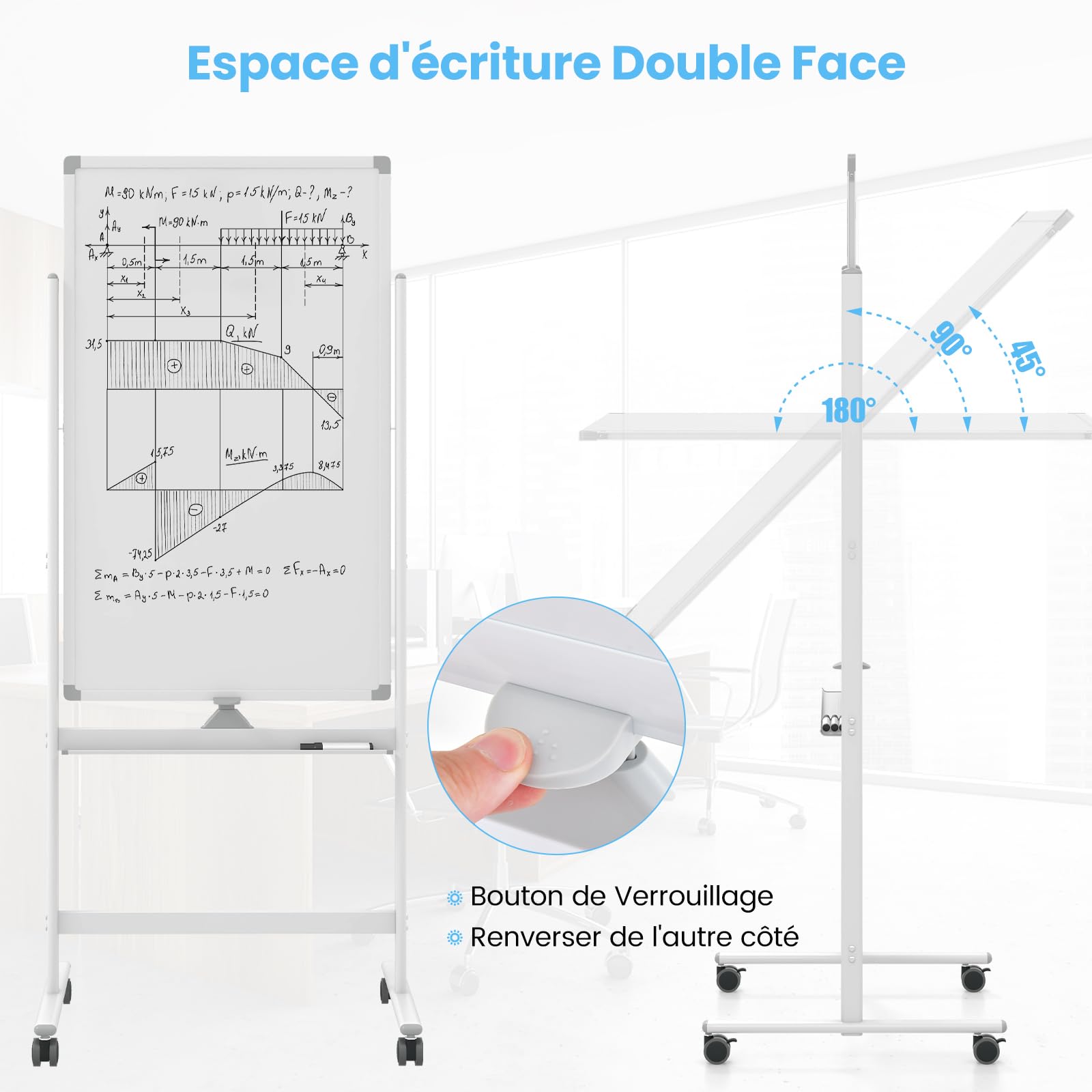 GIANTEX Tableau Blanc Mobile Double Face, 60 x 100 cm, Tableau Magnétique sur Pieds Réglable en 2 Hauteur, Effaçable à Sec, Marqueurs Noirs, Effaceur, Aimants (Blanc, 60 x 100 cm)
