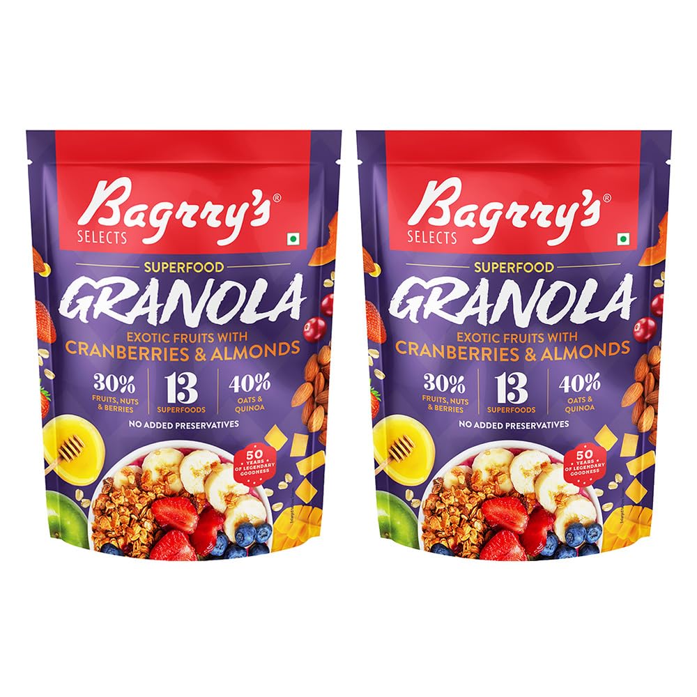 Bagrry’s Superfood Granola Exotic Fruits with Cranberries & Almonds|30% Fruit and Nuts| 40% Oats & Quinoa|High in Fibre & Protein|5 Grain Goodness| Breakfast Cereal|Crunchy Granola, 400g, (Pack of 2) (B0B7RGDJCV) Amazon Price History, Amazon Price Tracker