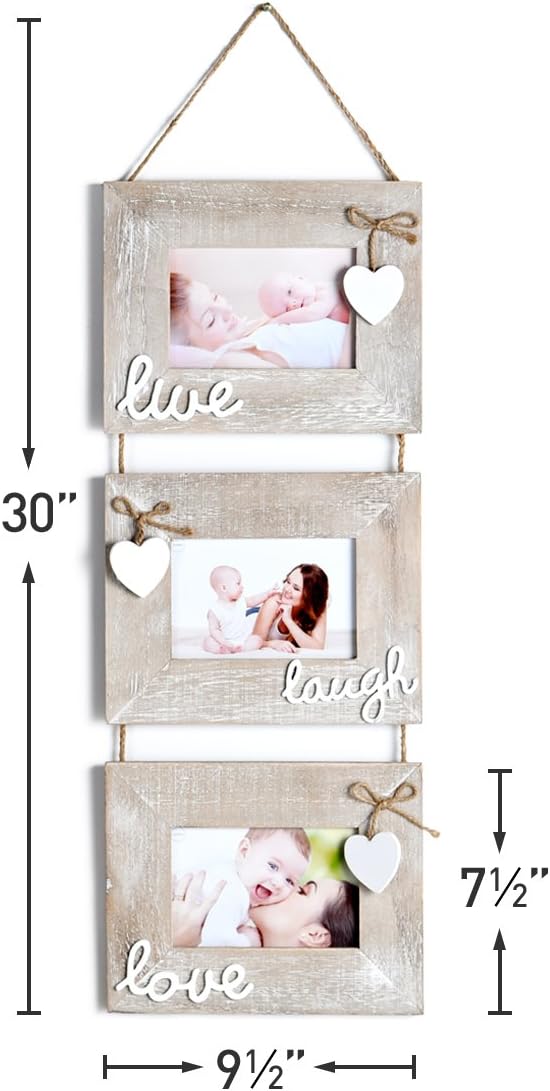 Yaetm Live Laugh Love Collage Hanging Picture Frame 4x6", Solid Wood 3 Photo Frames Set, Wall Mount Verticval Display, Rustic Grey -