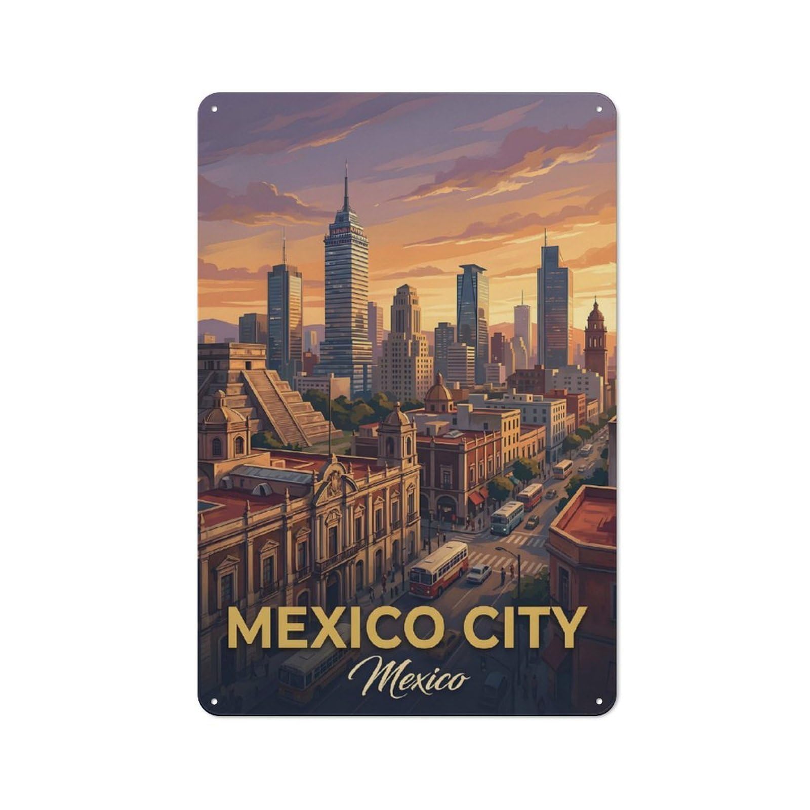 Junmoney Style-13 Tin Wall Plaque 30X20cm With Mexico City Skyline At Sunset For Studio Or Craft Room, Suited To Studio Decor Lovers