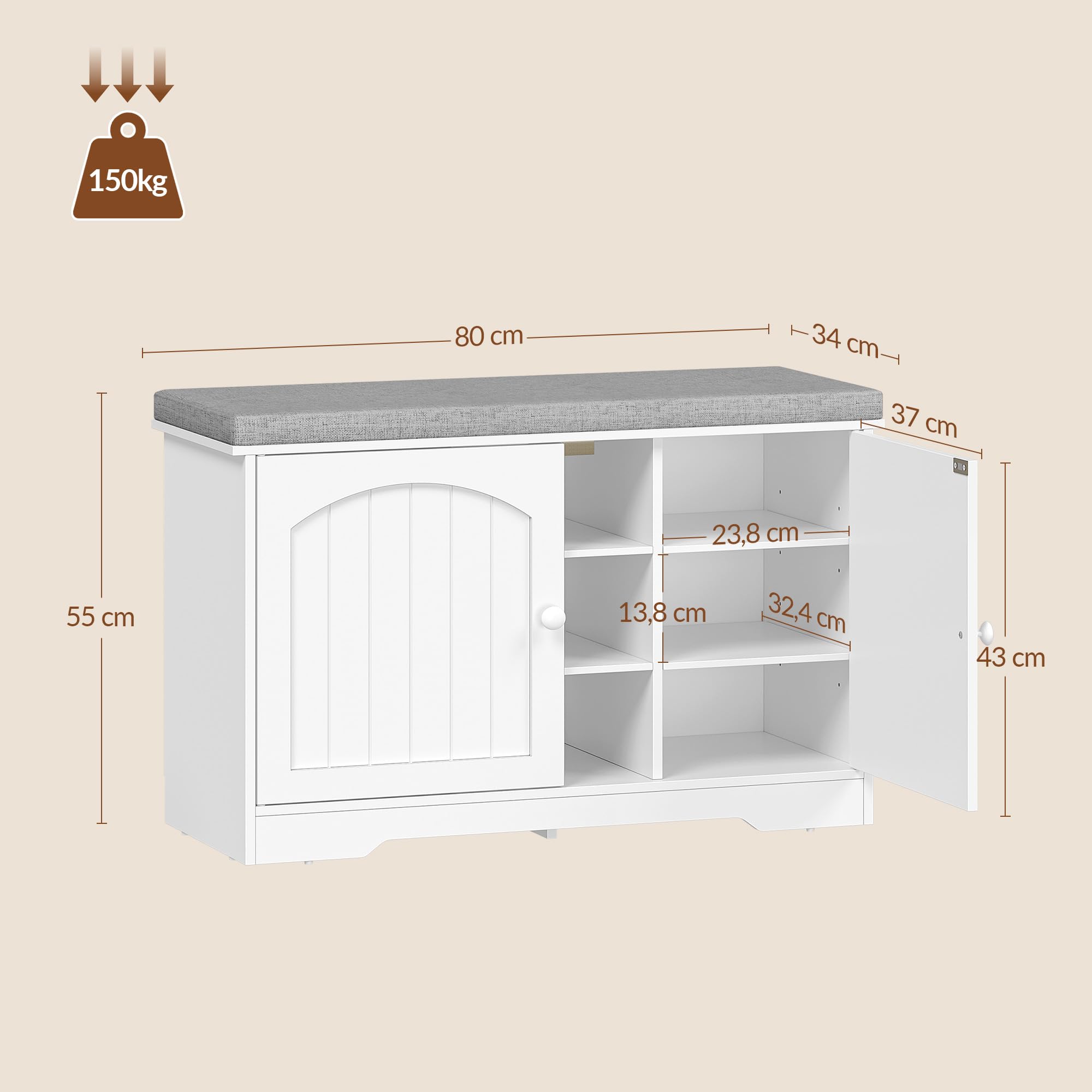 Banc à Chaussures, Banc de Rangement, 80 x 34 x 55 cm, Blanc | 9 Compartiments, Étagères Réglables, pour Entrée, Couloir, Salon, FFXD001PW1