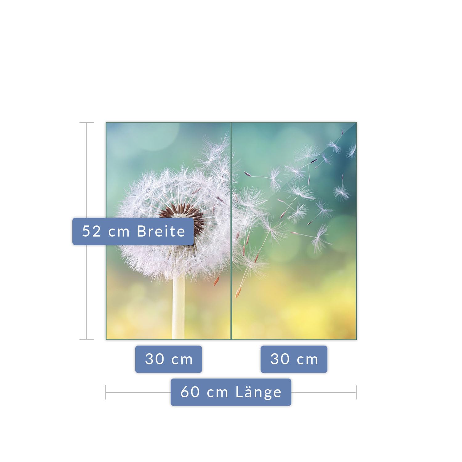 Herdabdeckplatte Abdeckung Ceranfeld Abdeckplatte Schneidebrett 2-Teilig 60x52 Pusteblume Weiss Mehrfarbig Spritzschutz Glasplatte Ceranfeldabdeckung Sicherheitsglas Glasschneidebrett 2x30x52