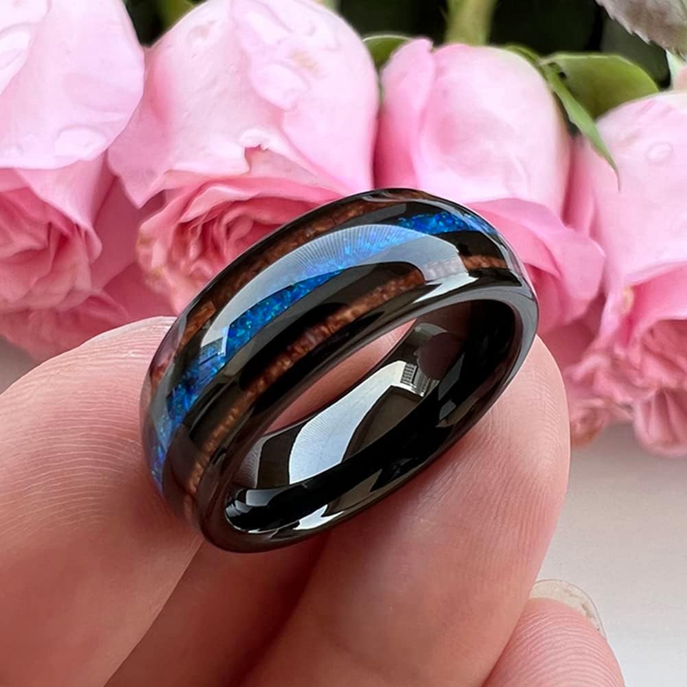 8mm Silver/Black/Gunmetal/Rose Gold Tungsten Rings for Men Women Engagement Wedding Bands Koa Wood Blue Opal Inlay Domed I Love You Engraved Comfort Fit - Image 4