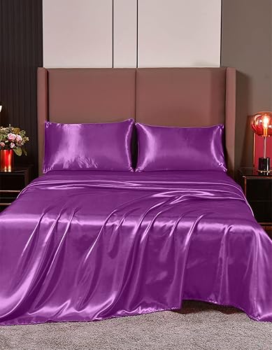 Vista 12 de 4 Pc Silk Satin Sheets Set Fitted & Flat Sheets Pillowcases Hotel Quality, Silky Soft Luxurious! Full, Hot Pink