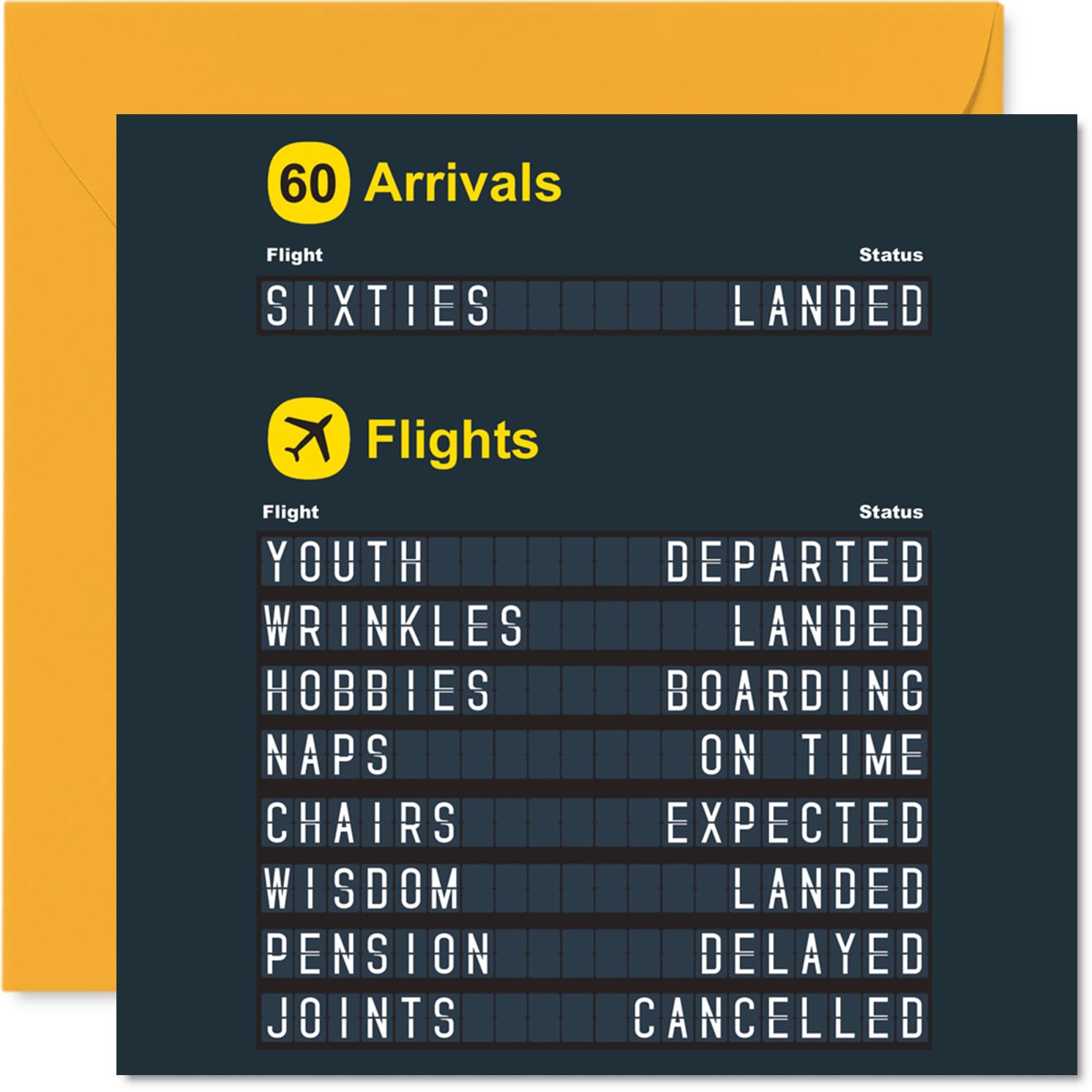 Funny 60th Birthday Card - Life's a Journey-welcome to Your Sixties! - Airport Arrivals Board Spoof with Playful Age Gags - 145mm Square, Envelope Included