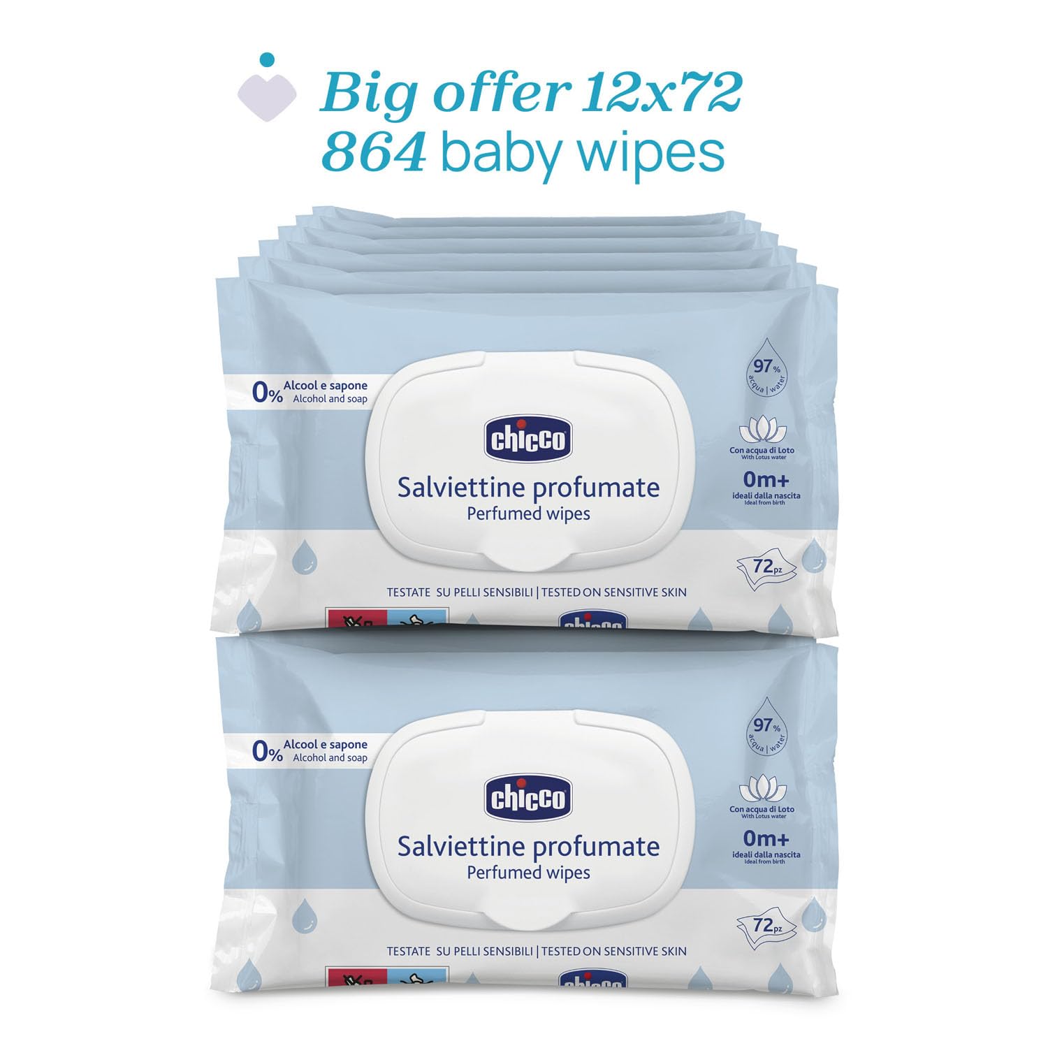 Chicco Toallitas Multiuso Para Bebés Con Clip - Sin Alcohol, Perfumadas, Adecuadas Para Pieles Sensibles - Megapack de 864 Unidades, 12 Paquetes de 72 Cada Uno