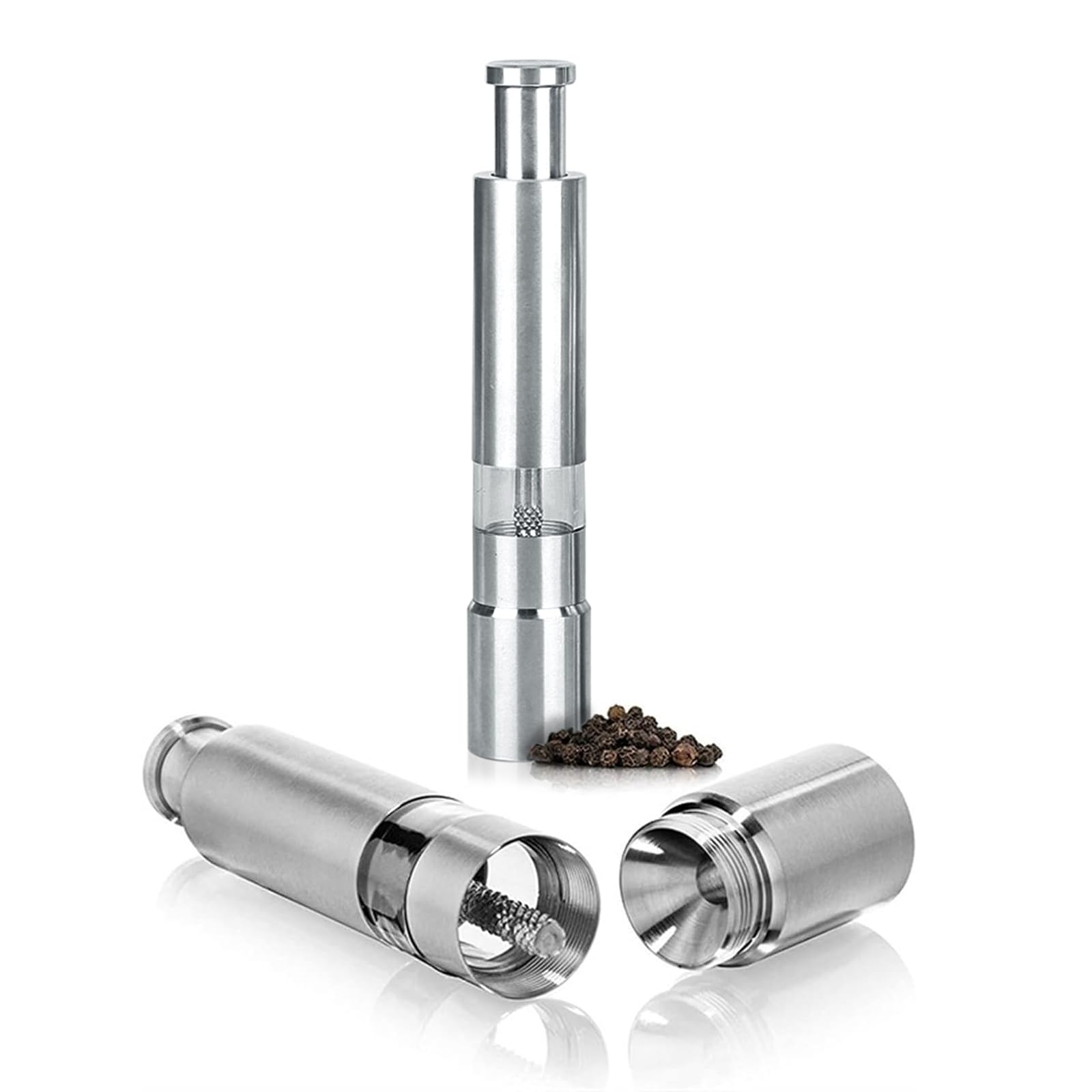 Stainless Steel Salt and Pepper Grinder Set, Manual Refillable Peppercorn Mills with Push Button, Thumb Grinder, Sliver White