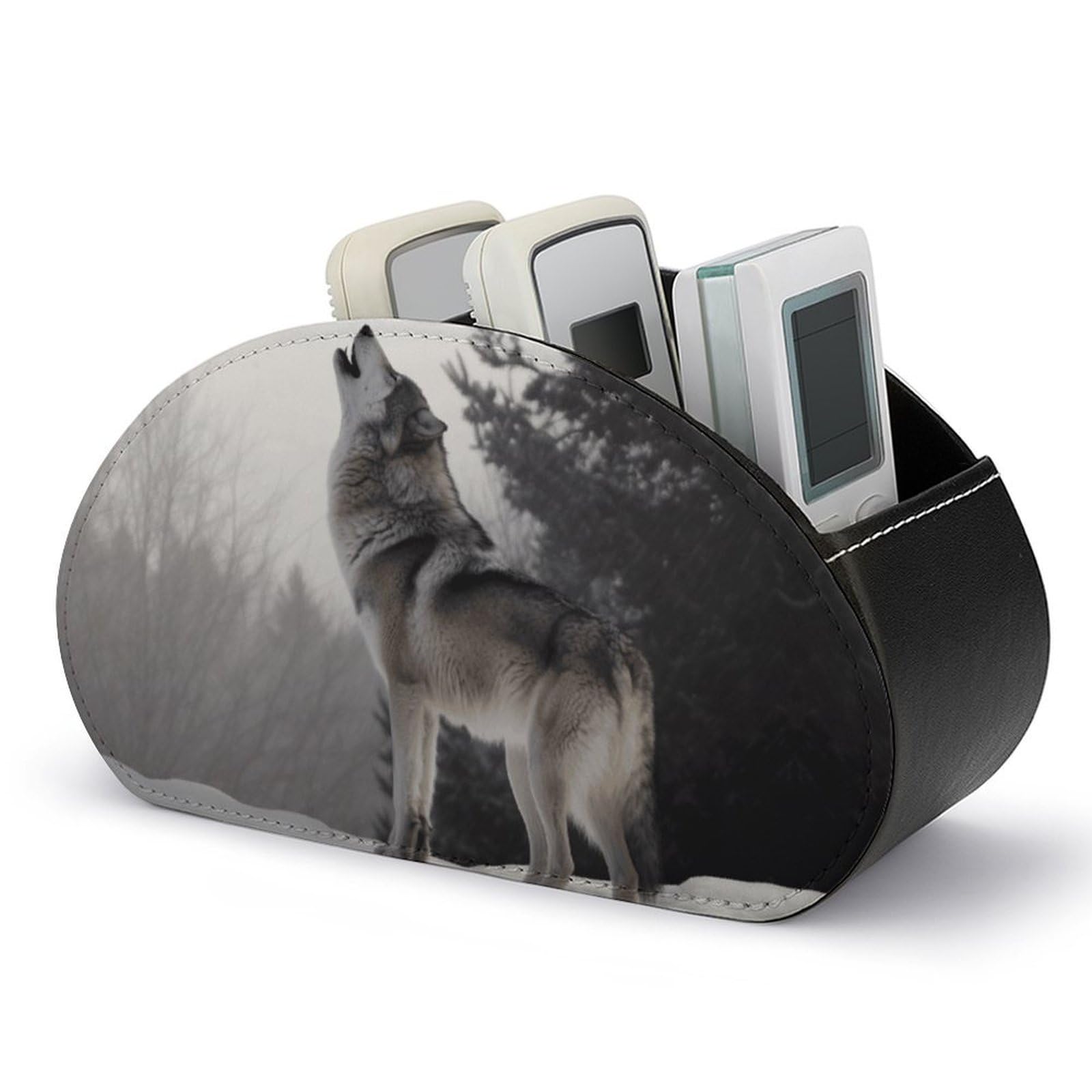 VstaDank Howling Wolf Remote Control Holder with 5 Compartments PU Leather Remote Caddy Desktop Organizer Store TV Remote Control Storage Box for Home Office Desk Nightstand