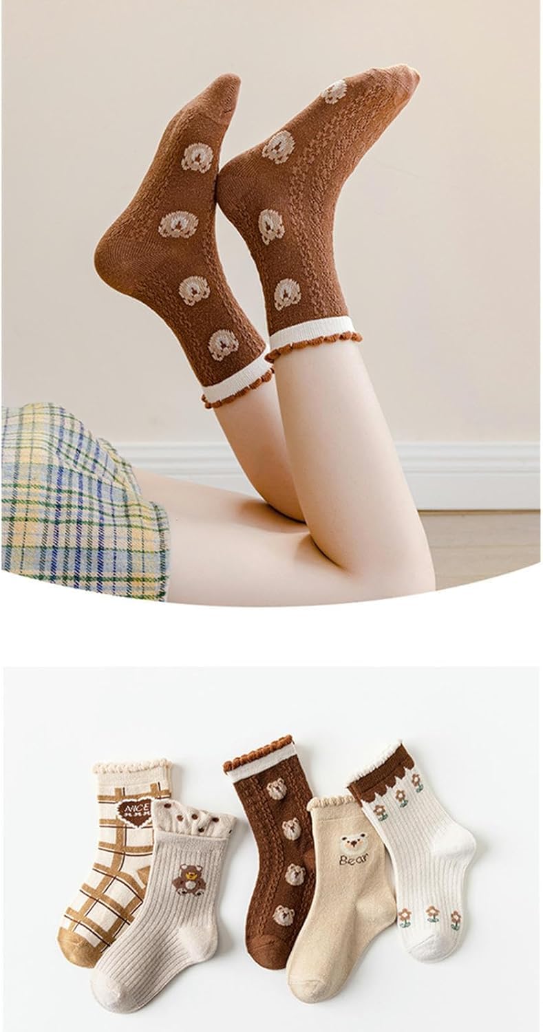 Wintersocken 5 Paar Kindersocken Baumwolle Mädchen Socken Mittelrohr Weich Hautfreundlich Cartoon Bär Plaid-Panda, Purple Flower, XL Code (9-12 Years)