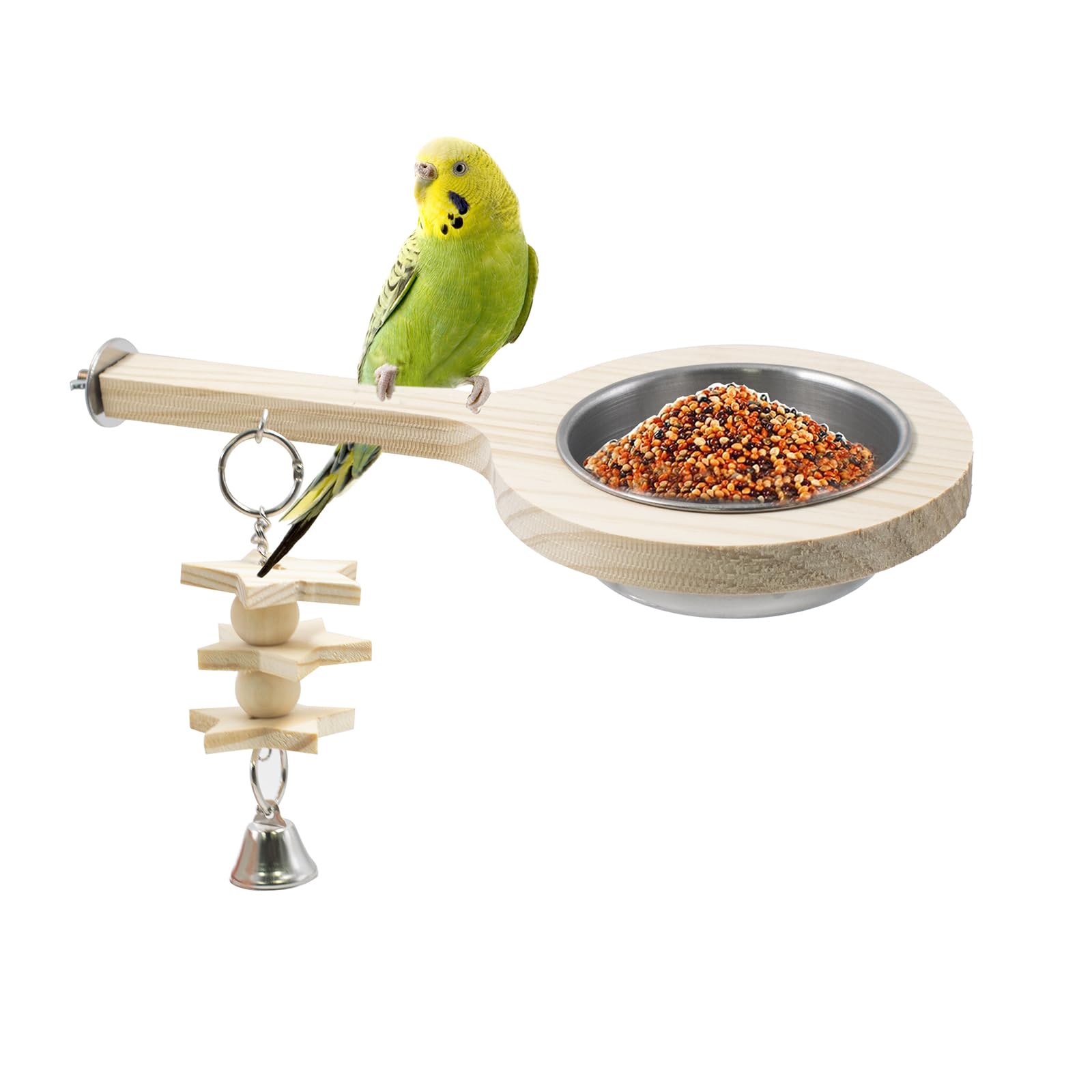 Bird Perch with Feeding Cup, Parrot Wood Stand with Chewing Toy, Bird Cage Accessory for Parakeet Lovebird Cockatiel Conure Budgie