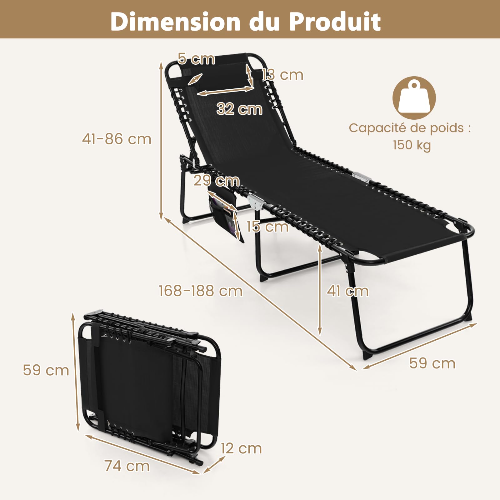 GYMAX Transat Extérieur pour Jardin, Chaise Longue Pliante avec Dossier et Repose-Pieds Réglables, Oreiller Amovible, Poche, pour Bain de Soleil, pour Piscine, Plage, Camping (Noir)