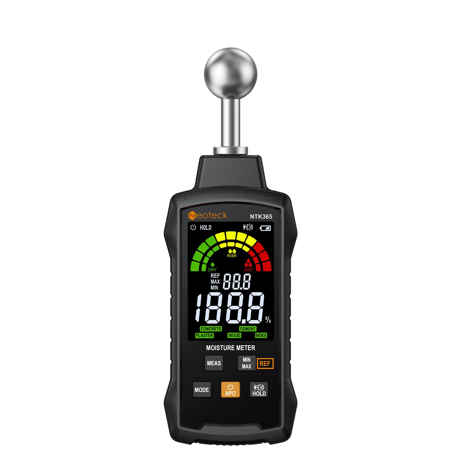 Neoteck Humidimètre Mur Détecteur Humidité Mur Sans Aiguille – Scanner Béton Plâtre Bois Maçonnerie, Analyse Profondeur 5-40mm, 5 Modes, LCD 3 Couleurs, pour Rénovation Maison Chantier