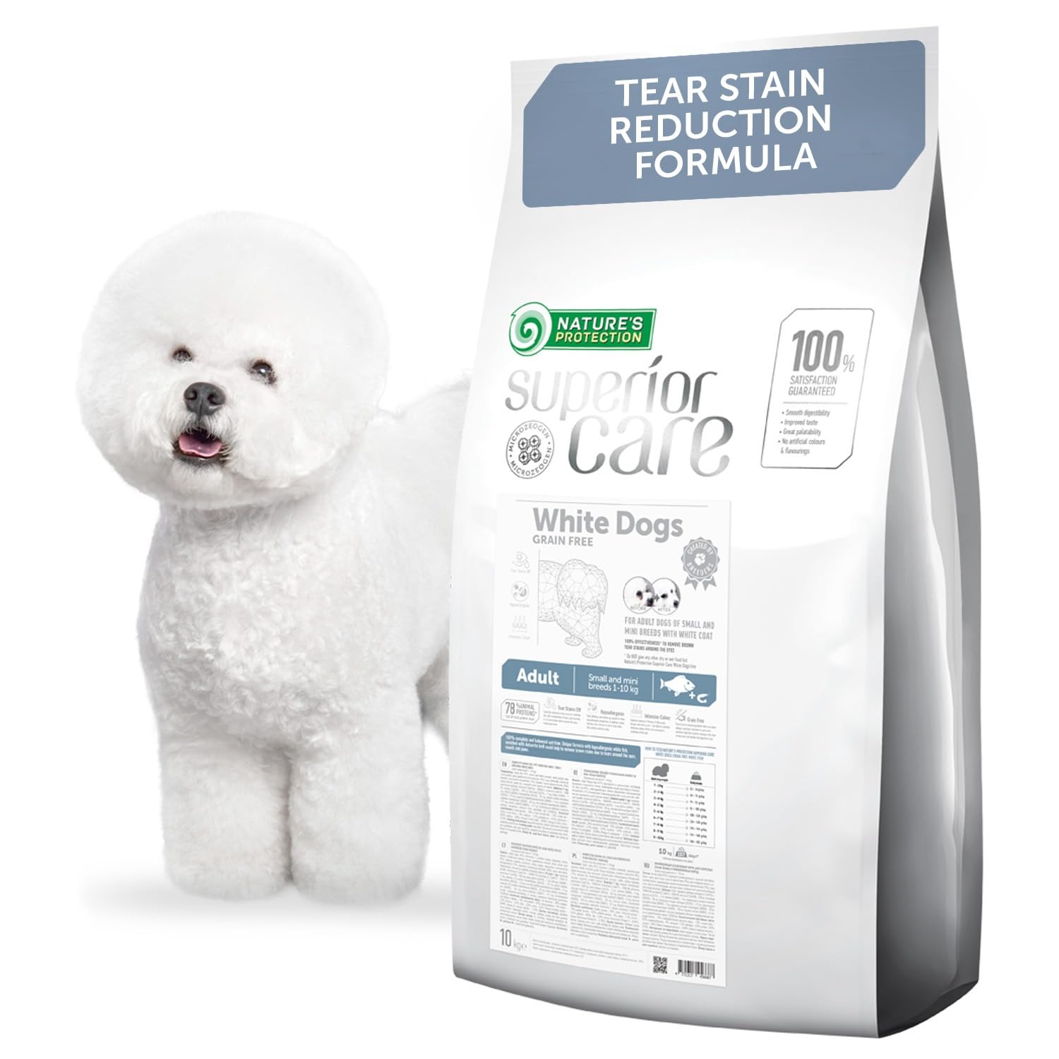Nature's Protection Superior Care Grain Free Dry Dog Food for Small Adult White Dogs - Hypoallergenic Dog Food with White Fish, Omega 3 & 6 - Reduces Tear Stains, Promotes Healthy Skin & Coat, 10kg