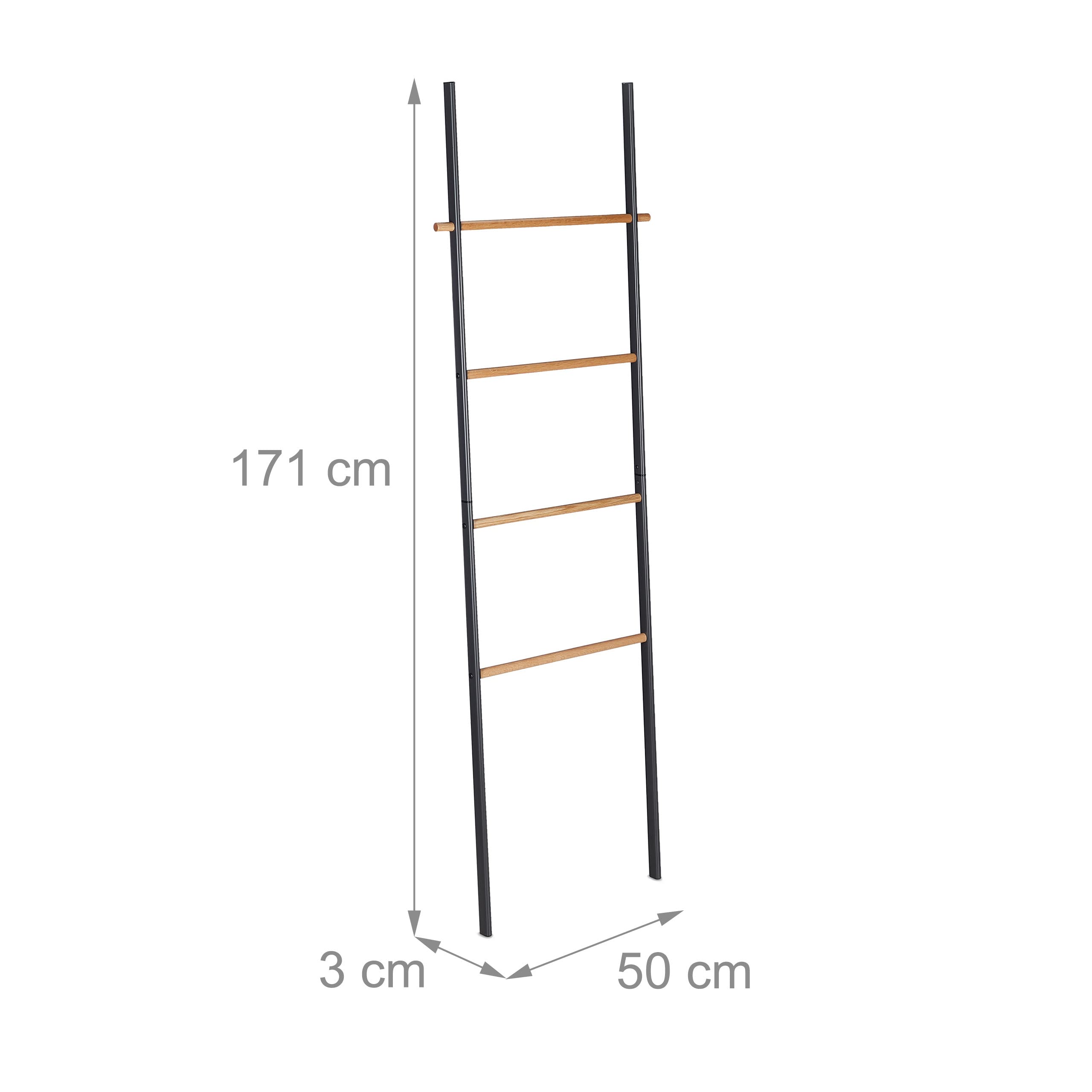 Relaxdays Scala Porta Asciugamani, Vestiti, Portasciugamani in Legno e Acciaio, 4 Pioli, Muro, HLP 171x50x3cm, Antracite