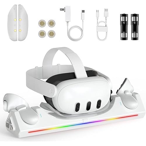 Charging Dock for Oculus/Meta Quest 3S,Oculus/Meta Quest 3 Magnetic Charging Station for VR Headset Controllers,with 2 Rechargeable 2100mAh Batteries, USB-C Charger, LED Indicator