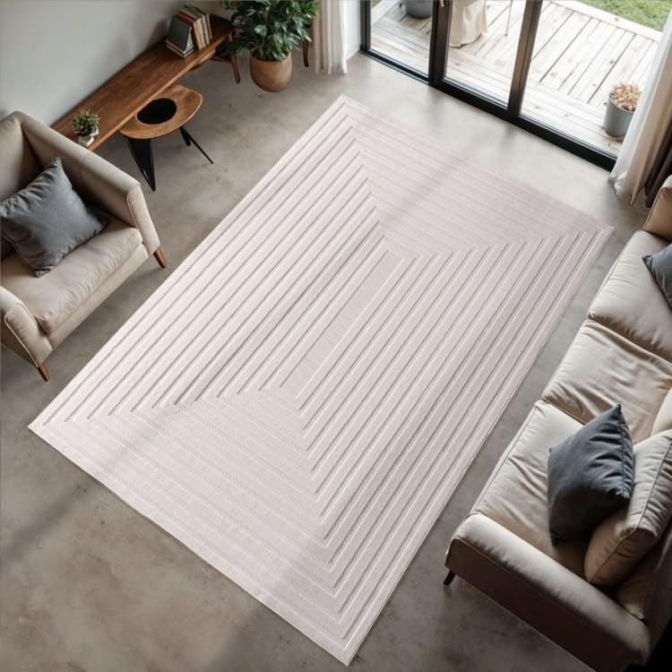 Tapis de salon crème 240x340 cm effet 3D moderne en fil fibrillé