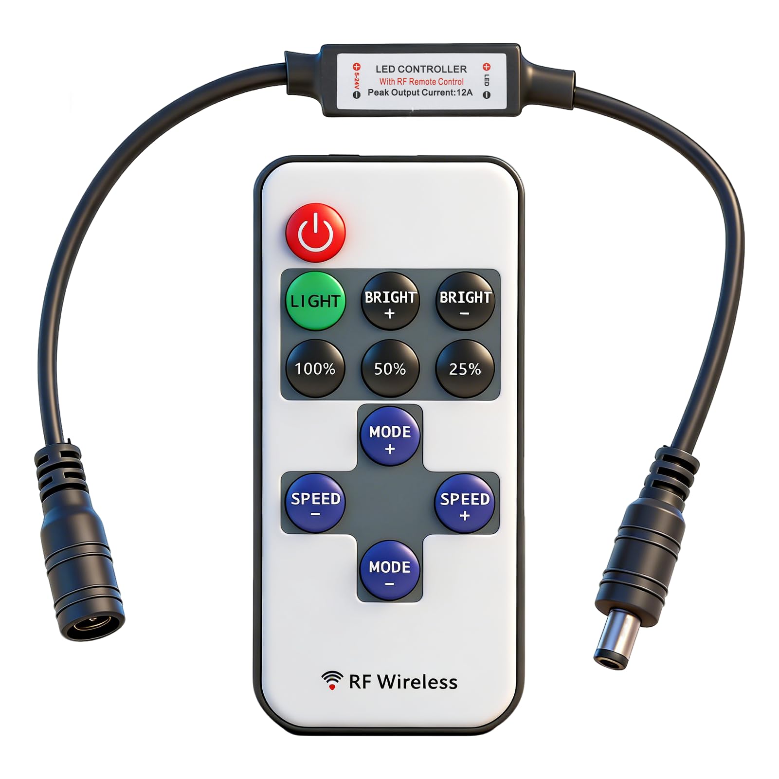 11 Key RF Wireless Remote Control for Single Colour LED Strips, Mini LED Strip Controller with 5.5mm x 2.1mm DC Jack, 5V to 24V LED Dimmer Remote, Universal RF LED Strip Light Controller