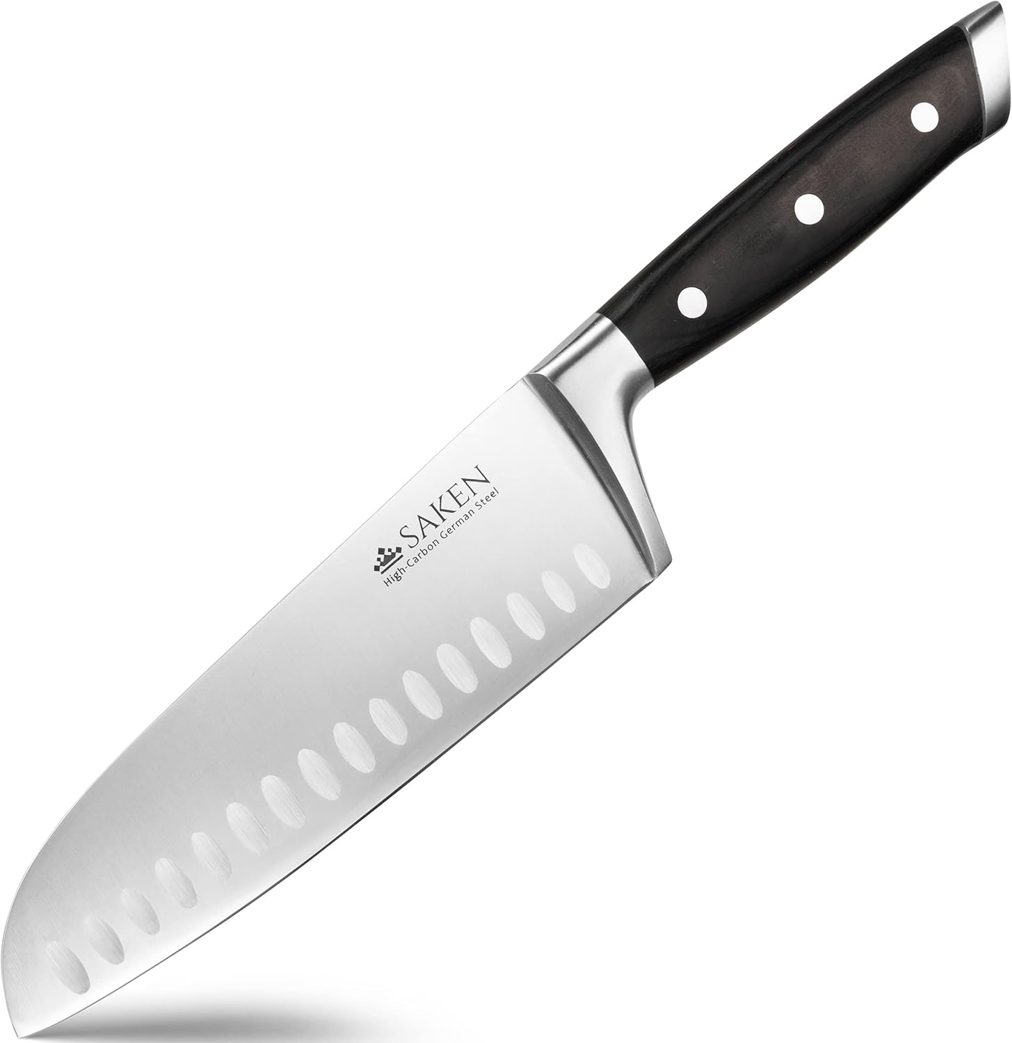 Saken Santoku Knife - 7-Inch Japanese Chef Knife with High-Carbon German Steel Blade, Granton Edge, and Ergonomic Handle - Multipurpose Kitchen Knife for Mincing, Slicing, and Dicing